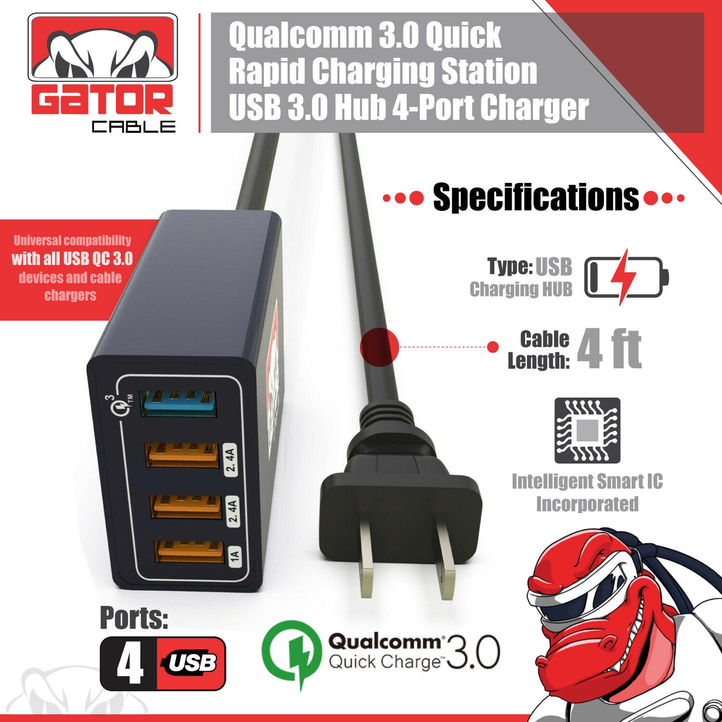 Qualcomm QC 3.0 Fast Rapid Charger Charging Station Hub 4 USB Multi Port 60W 3A