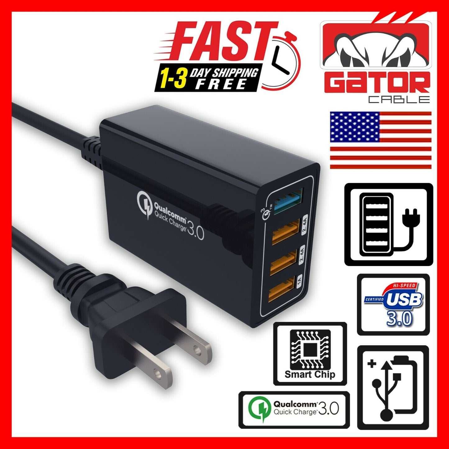Qualcomm QC 3.0 Fast Rapid Charger Charging Station Hub 4 USB Multi Port 60W 3A