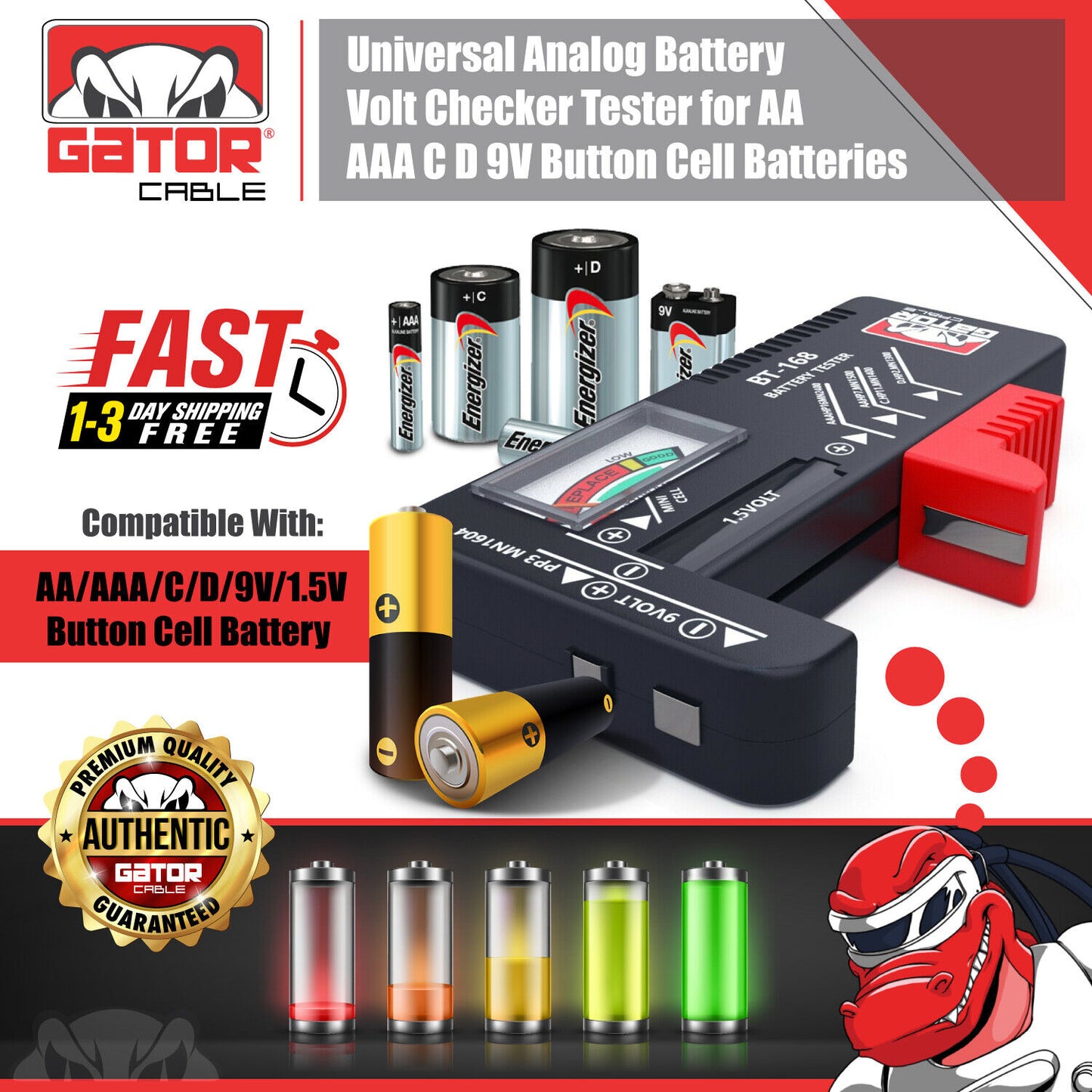 Battery Volt Tester Checker Universal For AA AAA C D 9V 1.5V Cell Coin Batteries