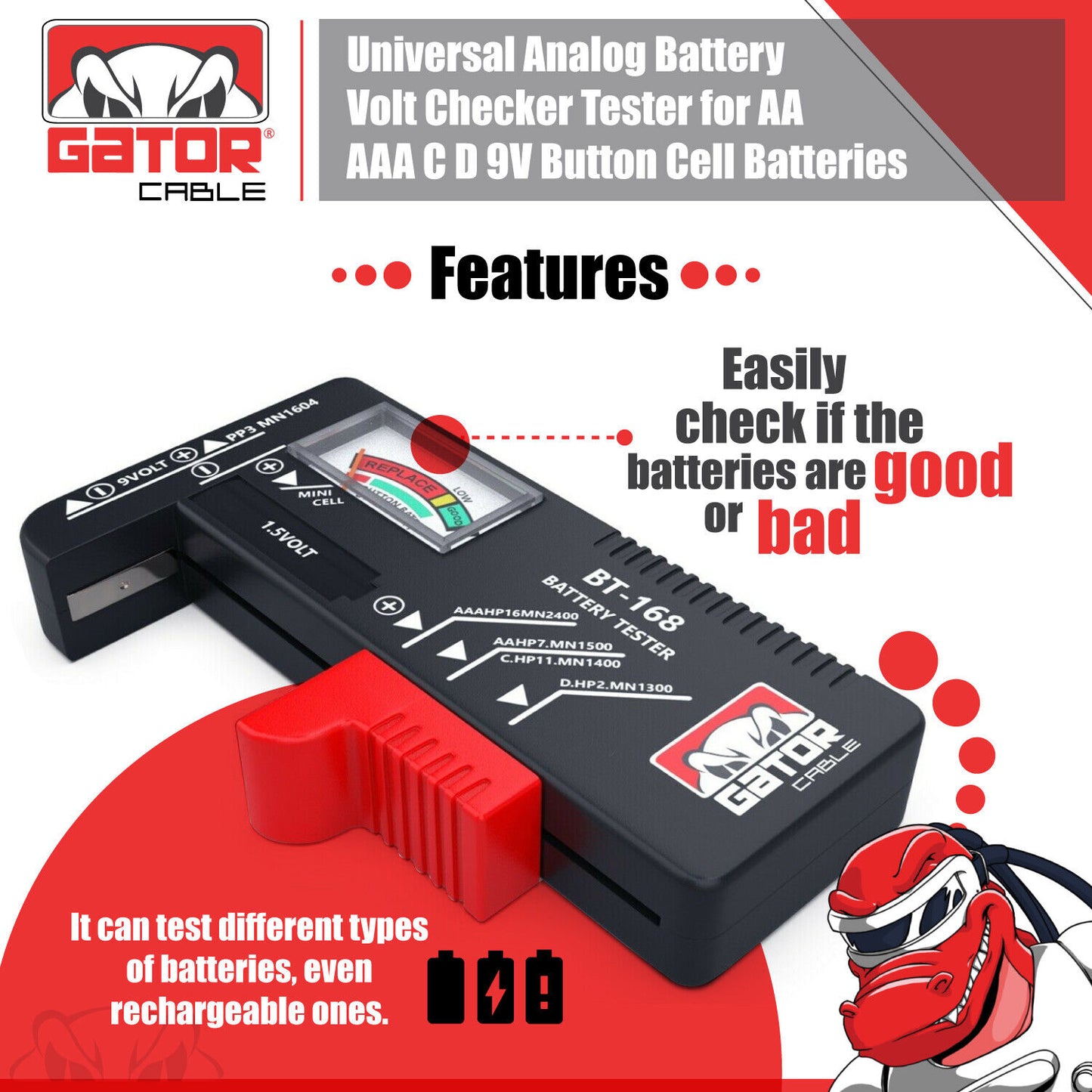 Battery Volt Tester Checker Universal For AA AAA C D 9V 1.5V Cell Coin Batteries