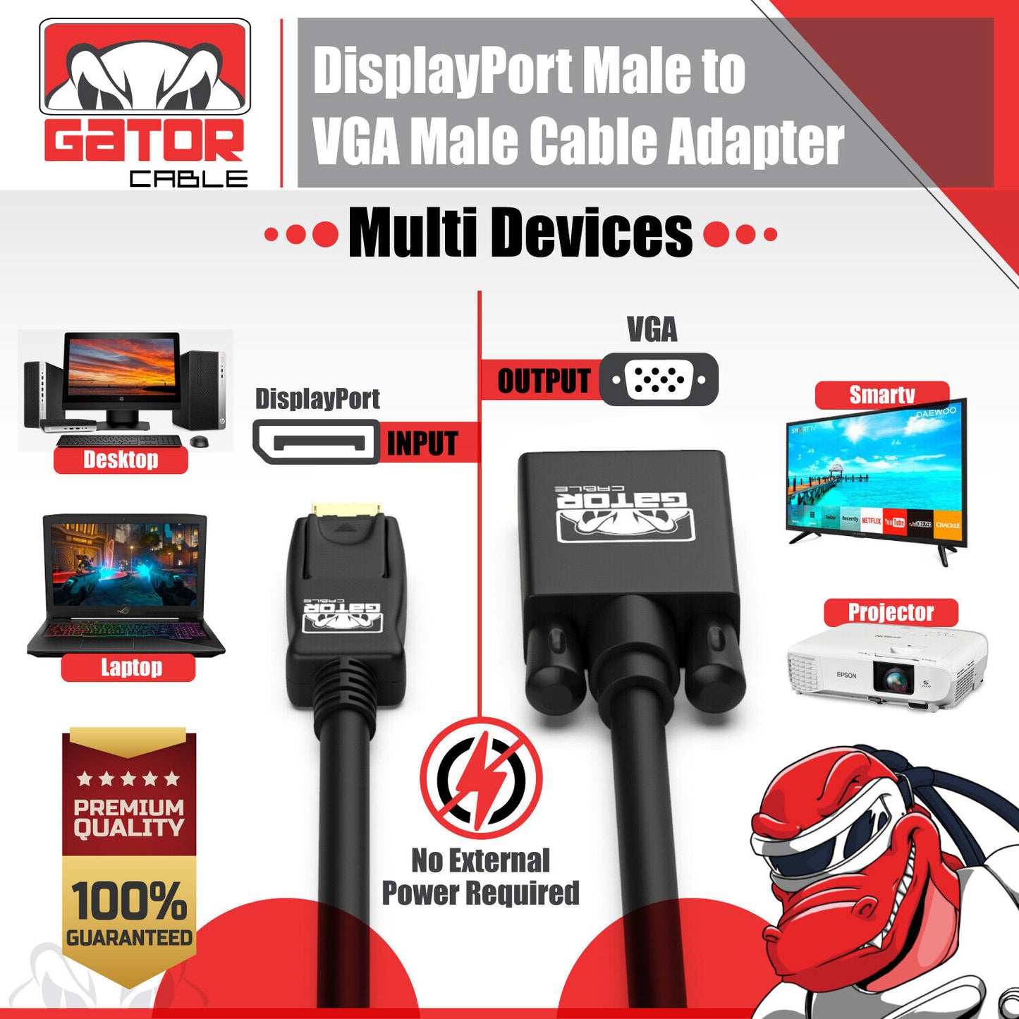 DisplayPort to VGA Cable Adapter For HDTV PC Desktop Monitor Video 4K 1080P 6FT