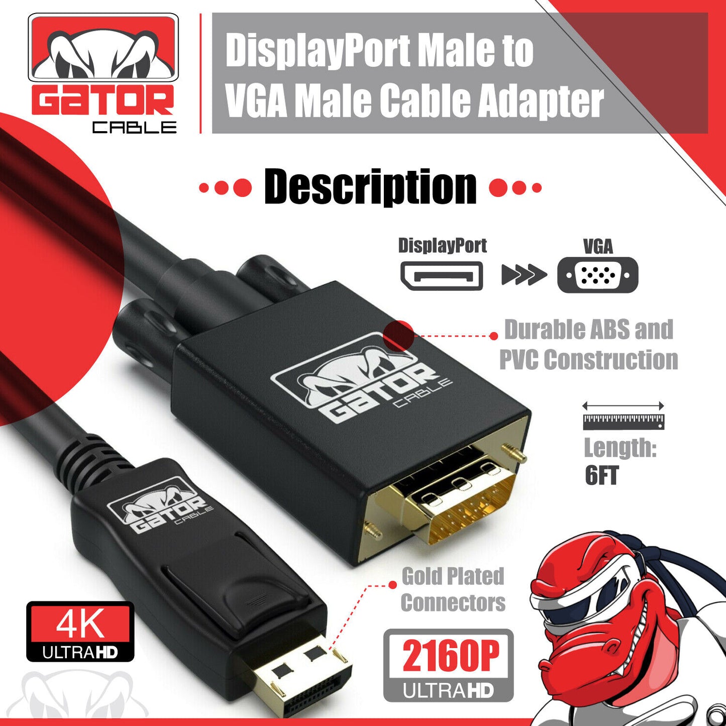 DisplayPort to VGA Cable Adapter For HDTV PC Desktop Monitor Video 4K 1080P 6FT
