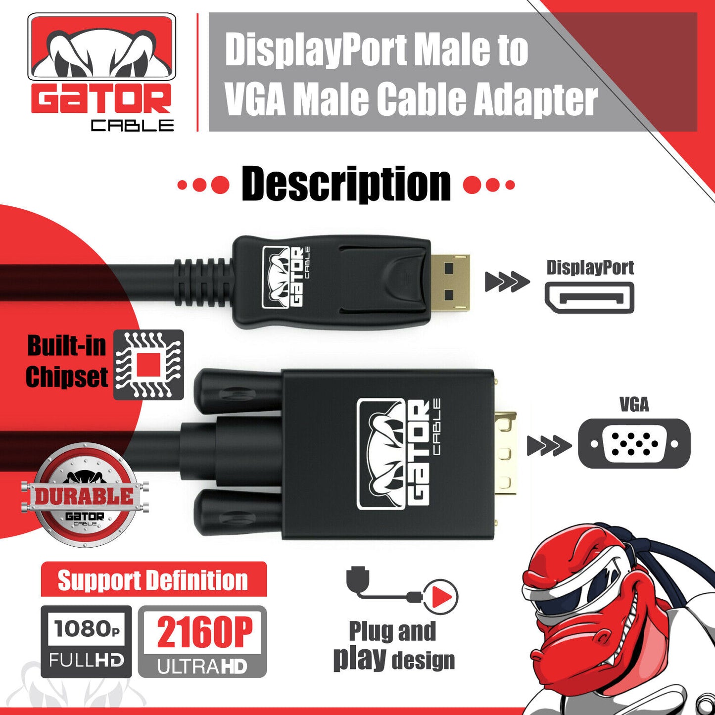 DisplayPort to VGA Cable Adapter For HDTV PC Desktop Monitor Video 4K 1080P 6FT