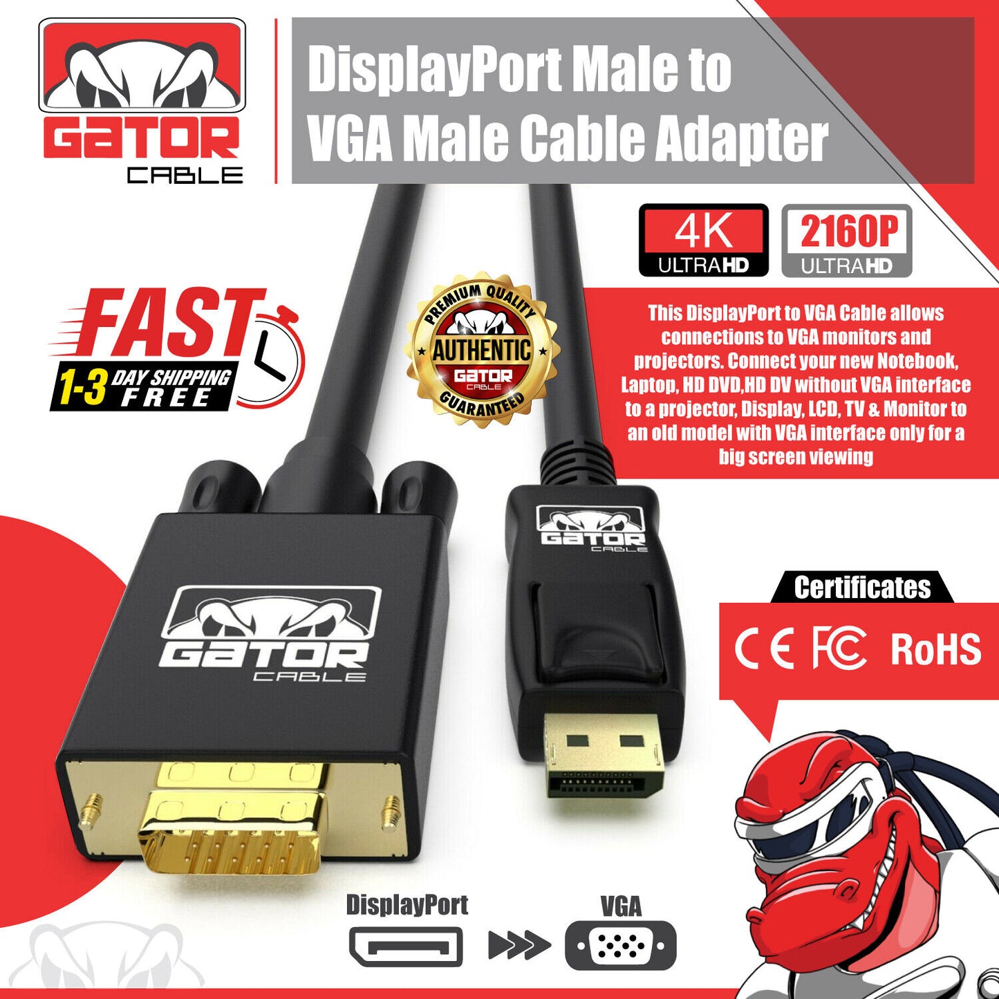 DisplayPort to VGA Cable Adapter For HDTV PC Desktop Monitor Video 4K 1080P 6FT