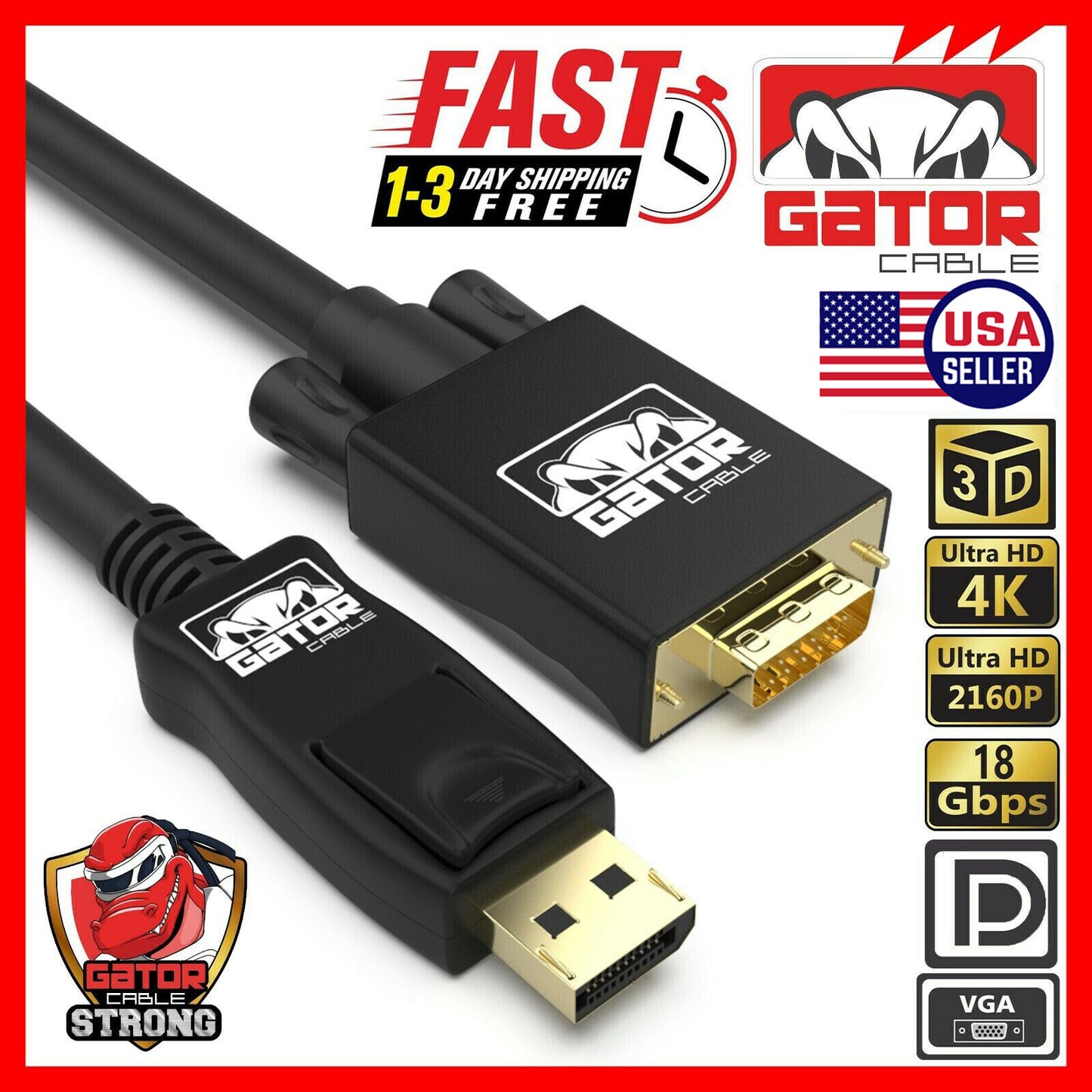 DisplayPort to VGA Cable Adapter For HDTV PC Desktop Monitor Video 4K 1080P 6FT