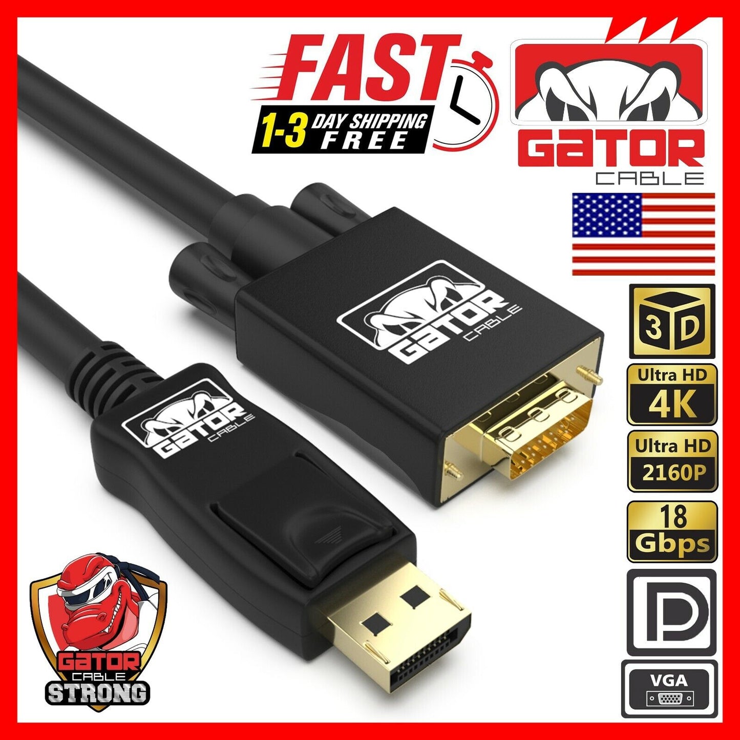 DisplayPort to VGA Cable Adapter For HDTV PC Desktop Monitor Video 4K 1080P 6FT