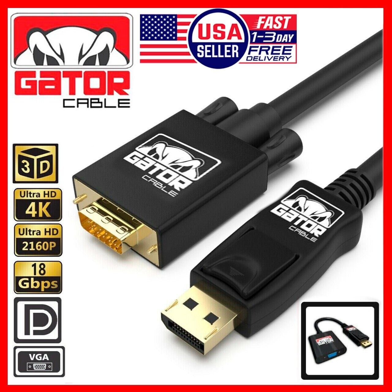 Display Port to VGA Cable Adapter Converter Video HDTV PC Monitor Desktop Laptop