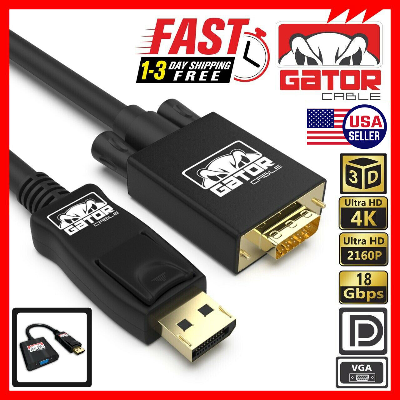 Display Port to VGA Cable Adapter Converter Video HDTV PC Monitor Desktop Laptop