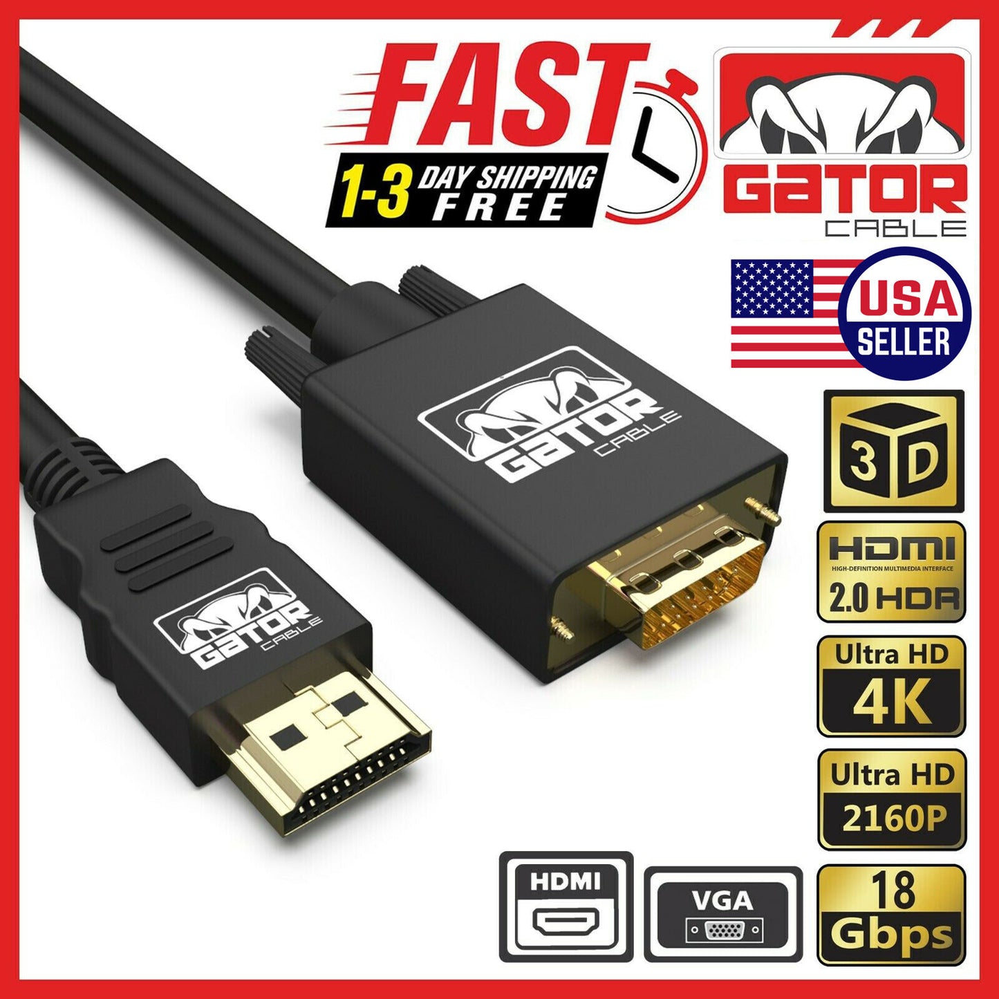 HDMI to VGA Cable Adapter Converter for HDTV PC Desktop Monitor Laptop 4K Video
