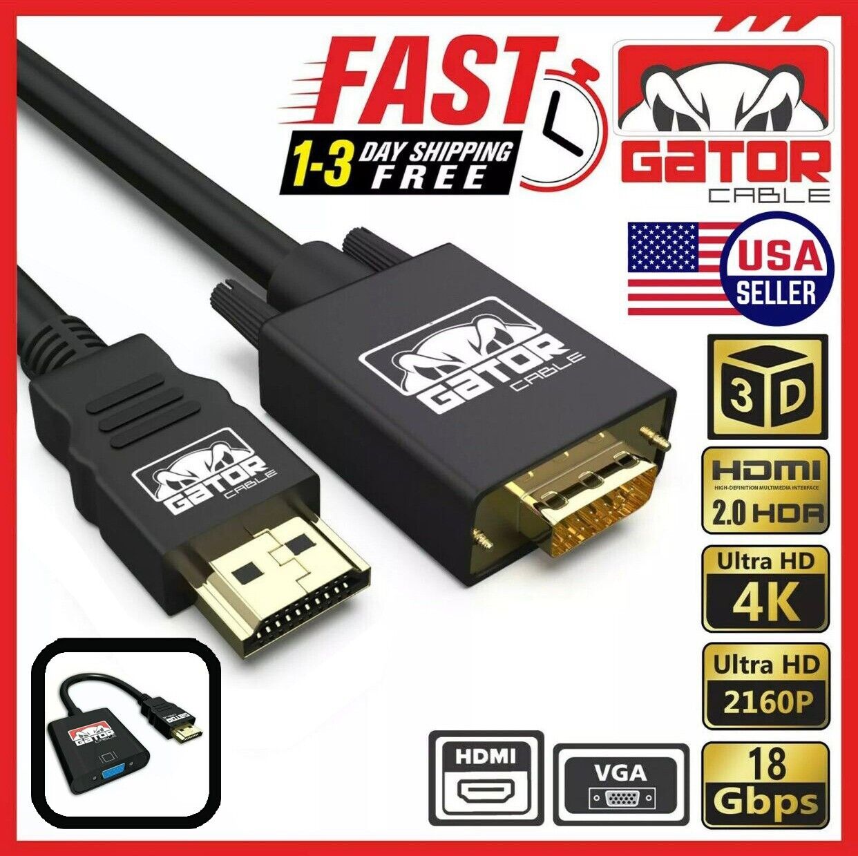 HDMI to VGA Cable Adapter Converter for HDTV PC Desktop Monitor Laptop 4K Video