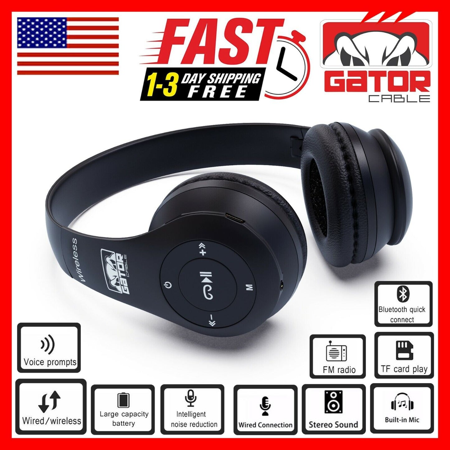 Wireless Bluetooth Headphones Earphones Headset Over-Ear FM Radio MIC Foldable