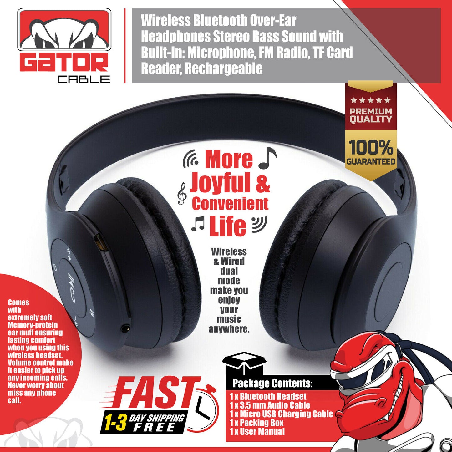 Wireless Bluetooth Headphones Earphones Headset Over-Ear FM Radio MIC Foldable
