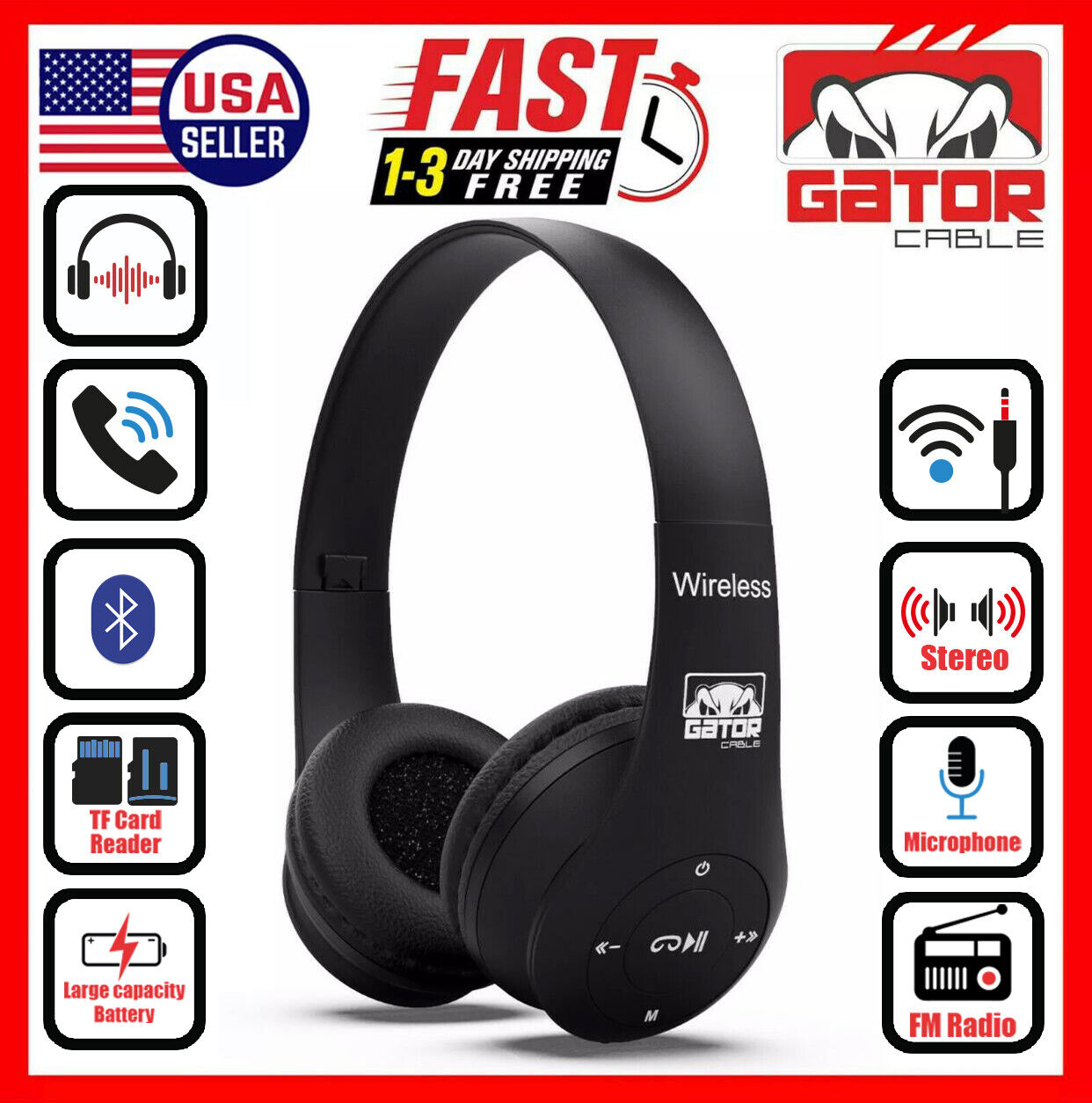 Wireless Bluetooth Headphones Earphones Headset Over-Ear FM Radio MIC Foldable
