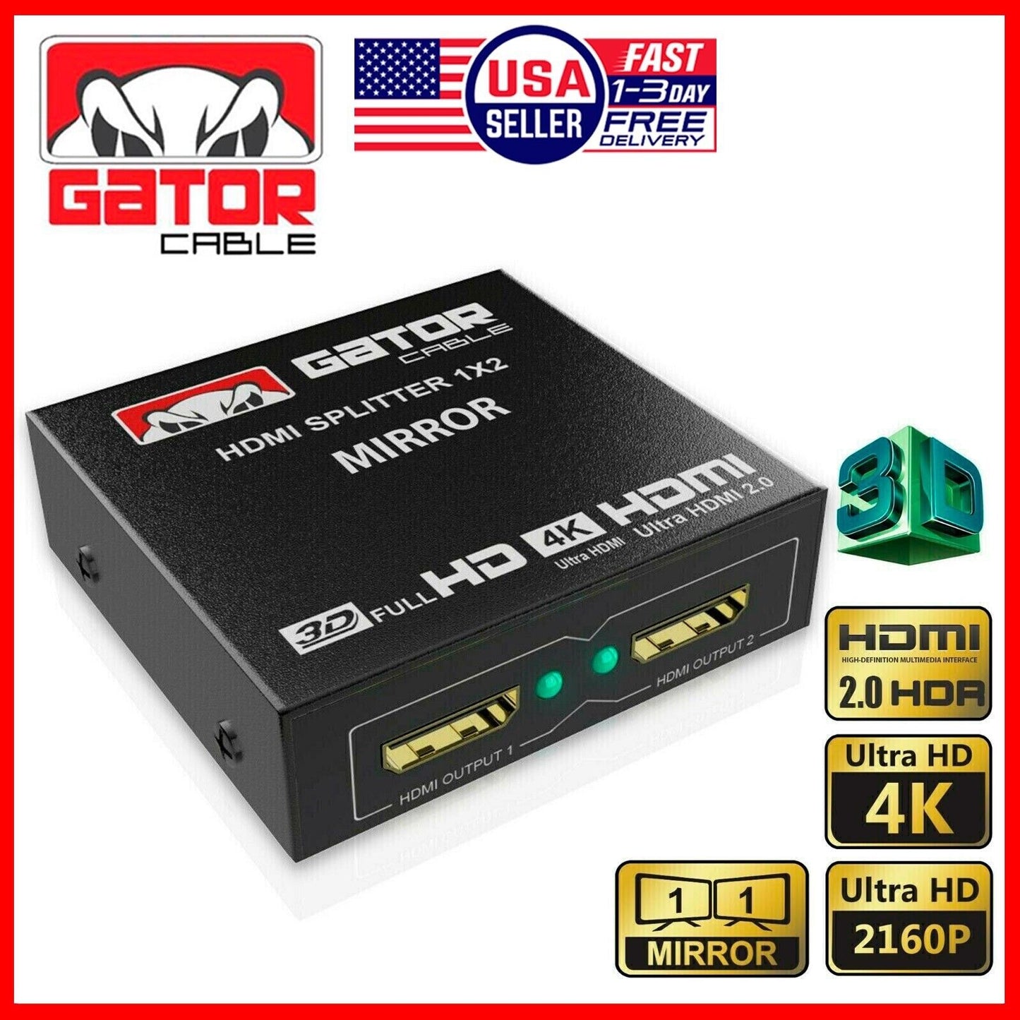 HDMI 2.0 Cable Repeater Mirror Amplifier Duplicator 4K HDTV Monitor 1 In 2 Out