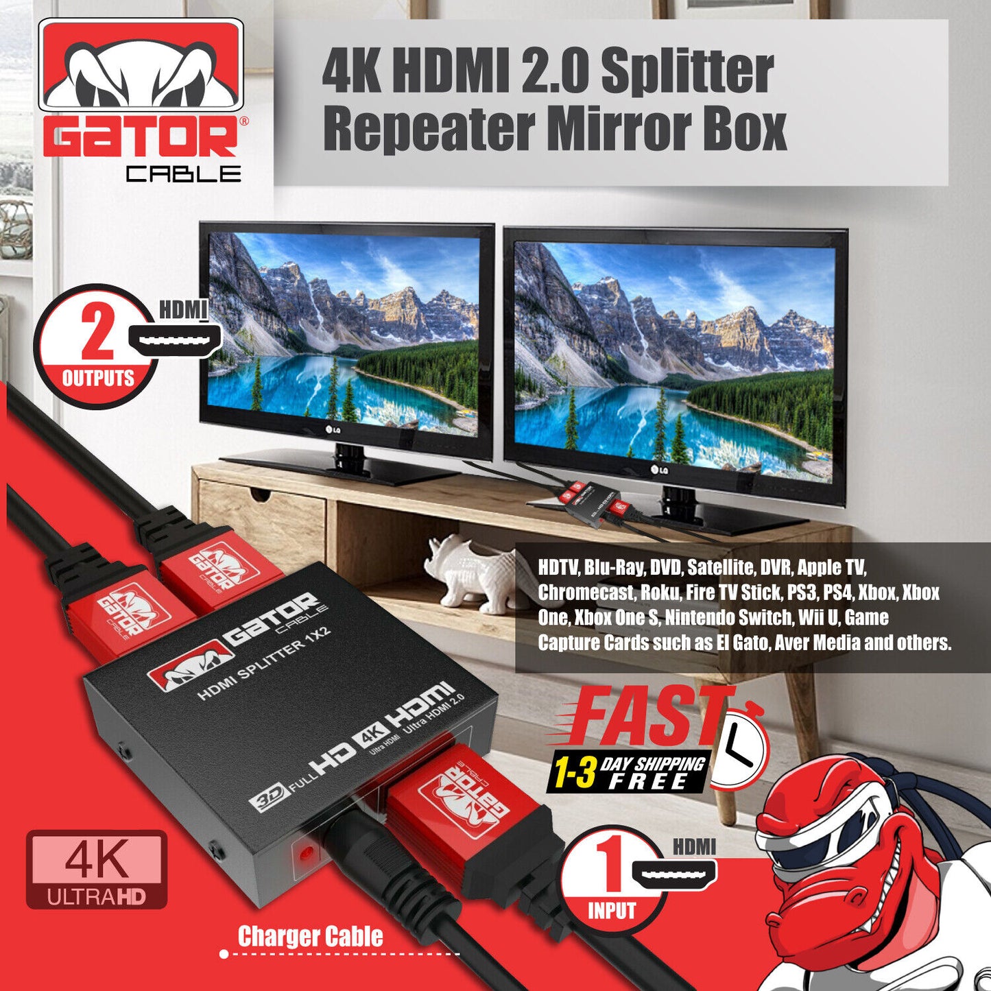 HDMI 2.0 Cable Repeater Mirror Amplifier Duplicator 4K HDTV Monitor 1 In 2 Out