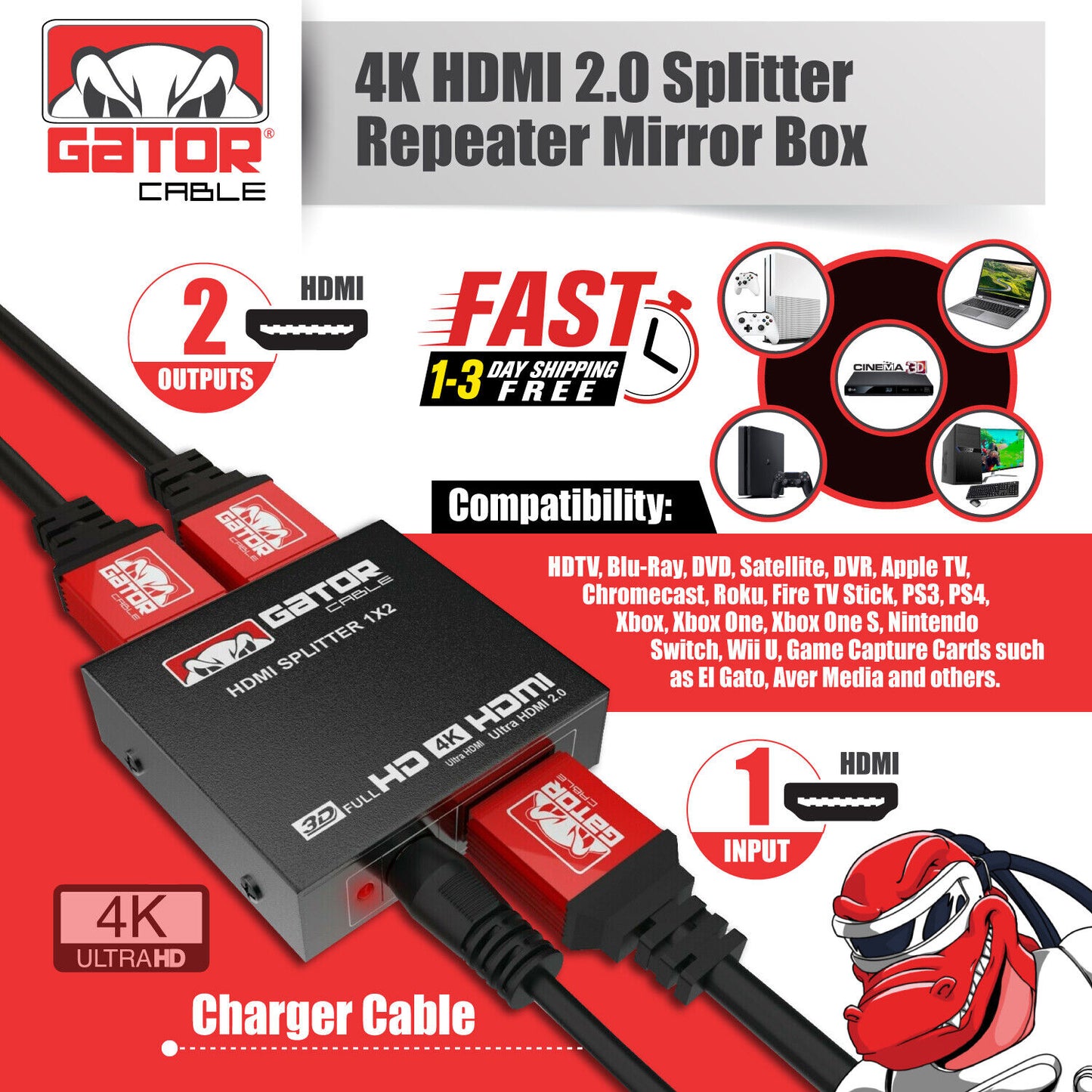 HDMI 2.0 Cable Repeater Mirror Amplifier Duplicator 4K HDTV Monitor 1 In 2 Out