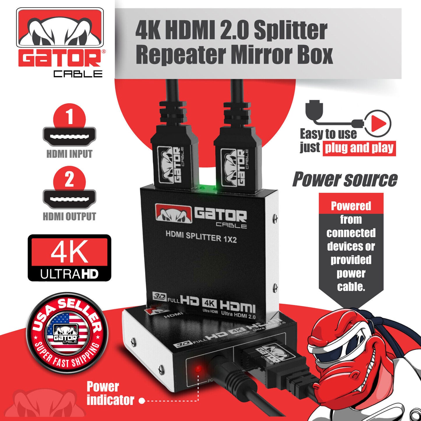 HDMI 2.0 Cable Repeater Mirror Amplifier Duplicator 4K HDTV Monitor 1 In 2 Out