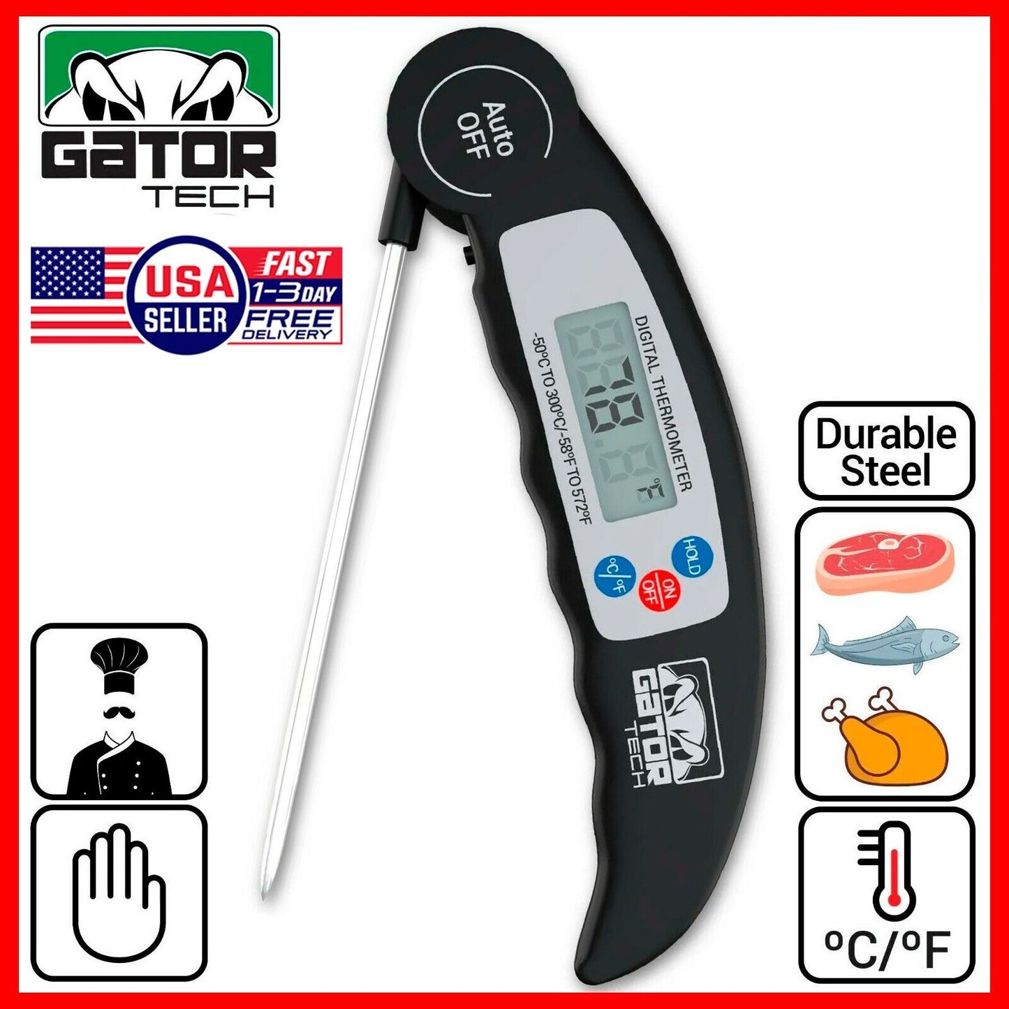 Digital Electronic Food Meat Thermometer LED Kitchen Cooking BBQ Grill Foldable