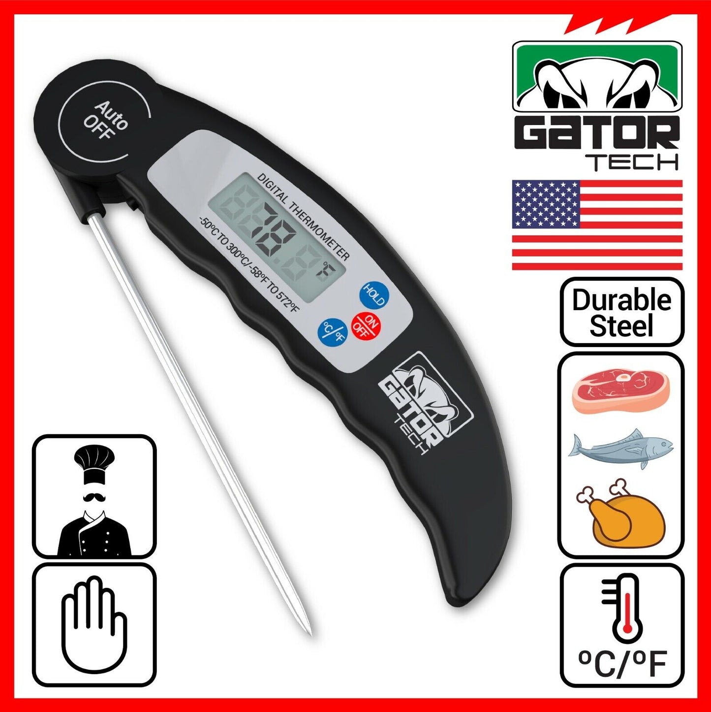 Digital Electronic Food Meat Thermometer LED Kitchen Cooking BBQ Grill Foldable