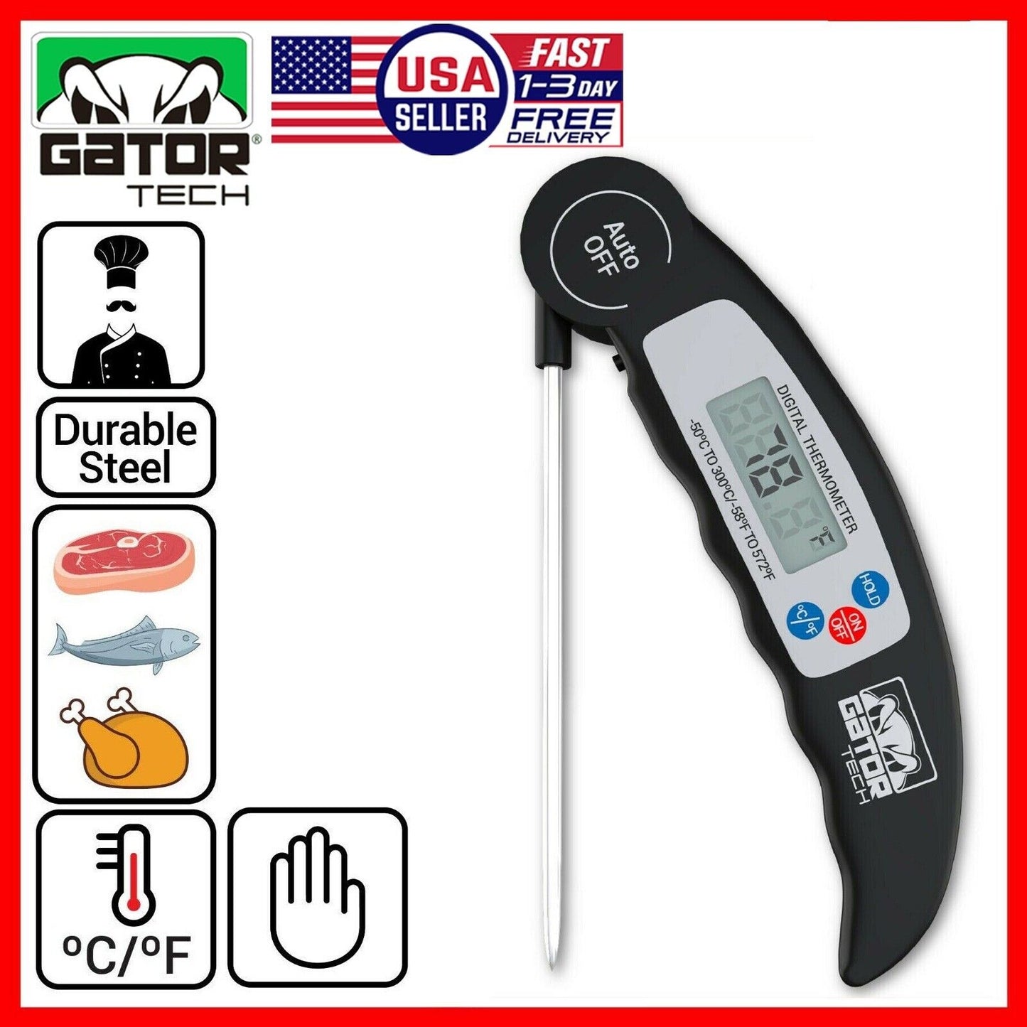 Digital Electronic Food Meat Thermometer LED Kitchen Cooking BBQ Grill Foldable