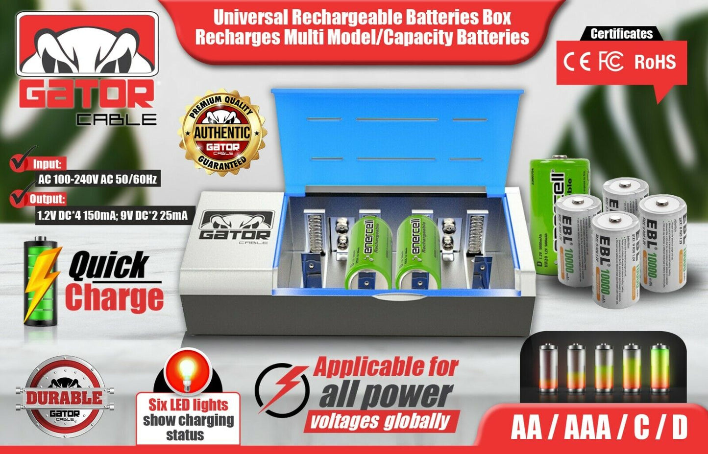 Universal Rechargeable Batteries Battery Charger For AA AAA C D 9V Ni-MH Ni-CD