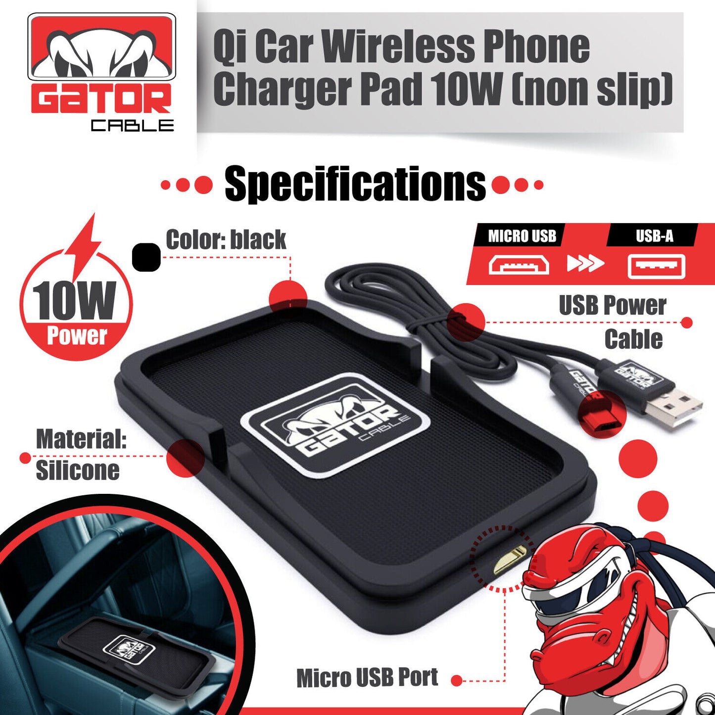 Car Wireless Phone Charger Pad Fast Charge Mat 10W for iPhone Samsung Universal