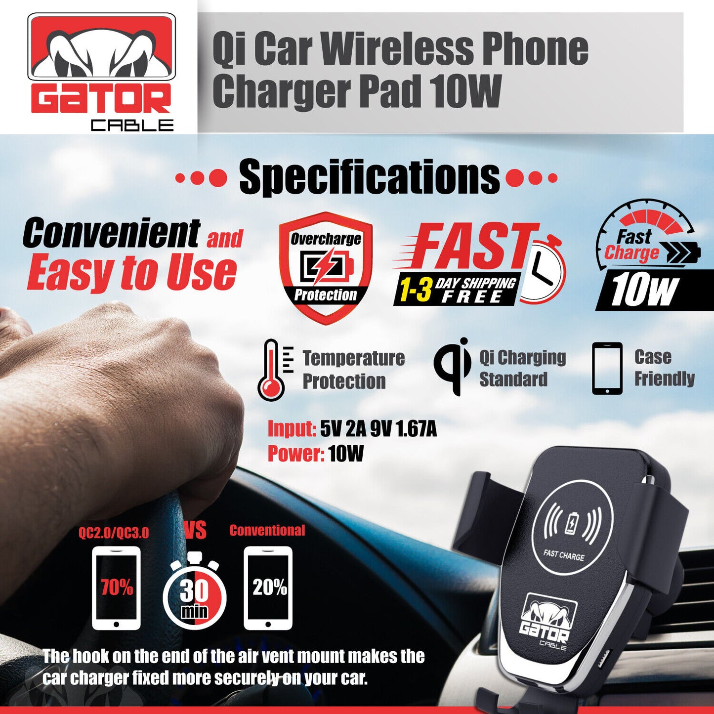Car Wireless Phone Charger Mount Holder Air Vent Fast Charge Qi 10W Universal