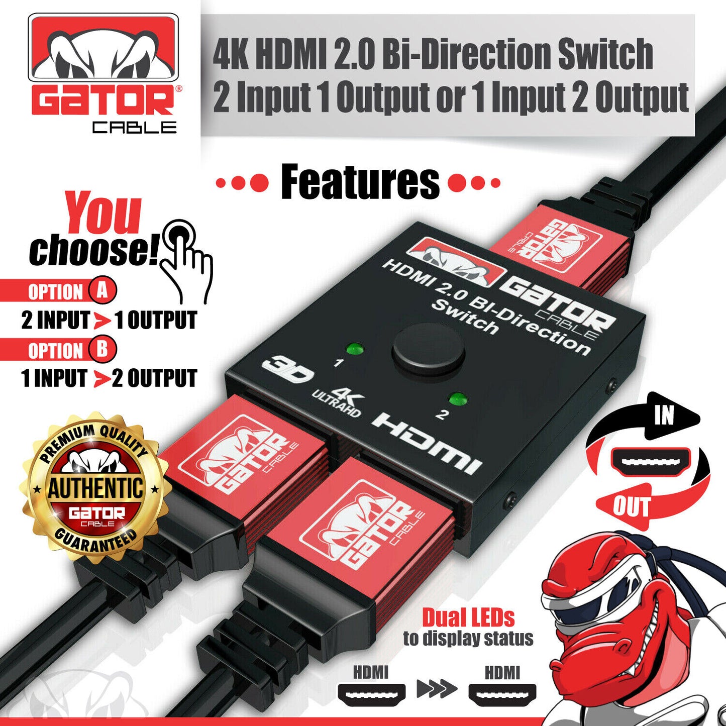 Bi-Direction 4K HDMI 2.0 Cable Switch Switcher Splitter HUB HDCP 2x1 1x2 In Out