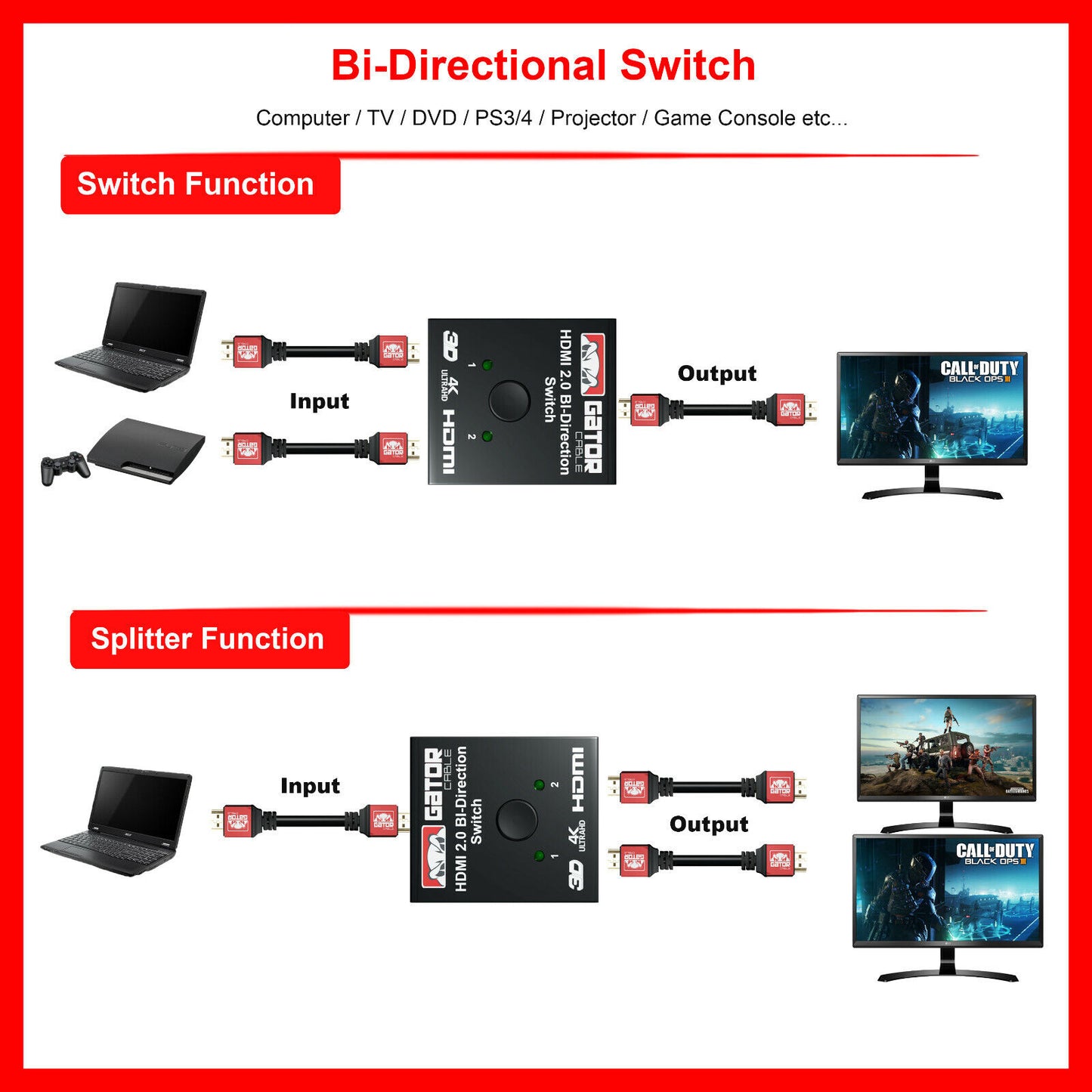 Bi-Direction 4K HDMI 2.0 Cable Switch Switcher Splitter HUB HDCP 2x1 1x2 In Out
