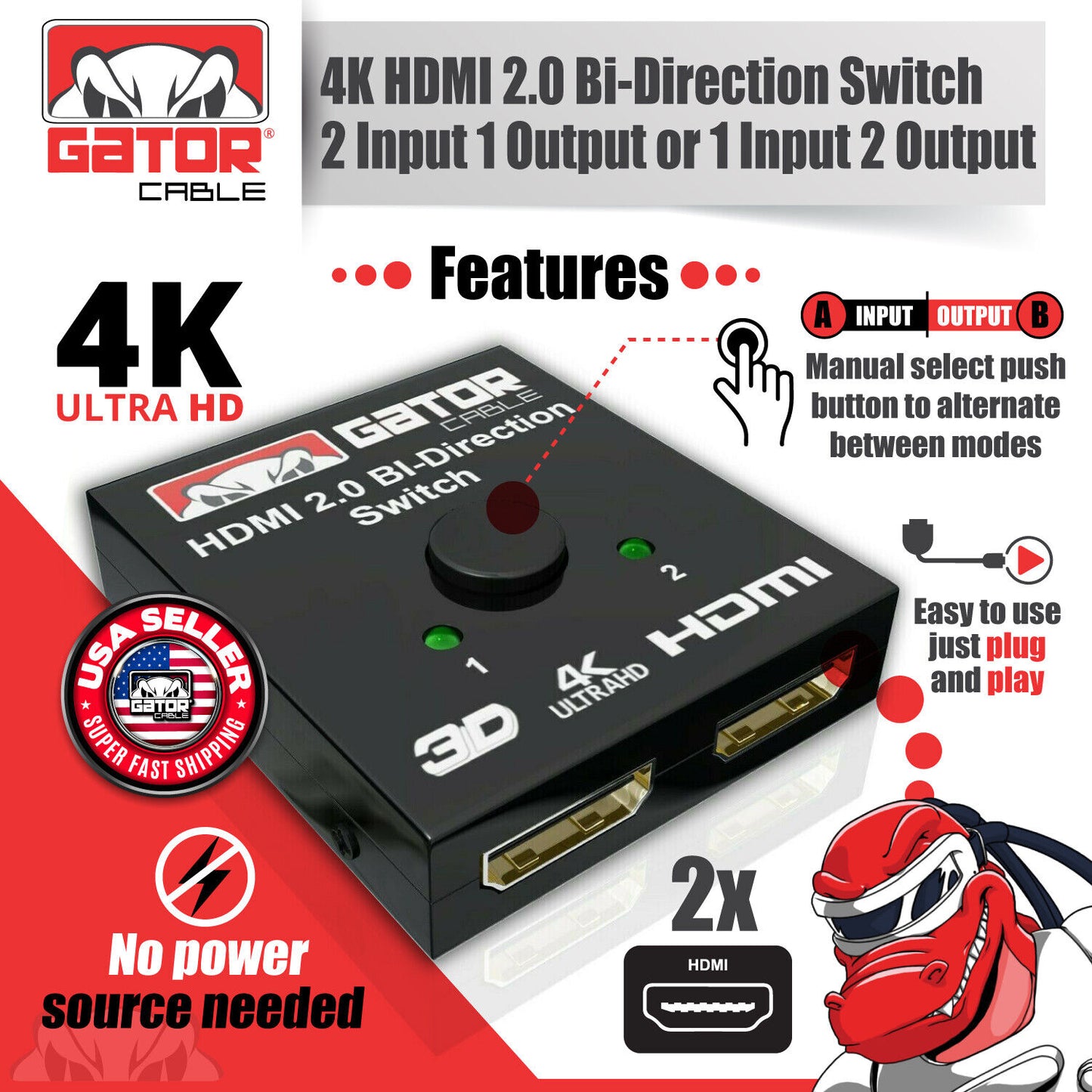 Bi-Direction 4K HDMI 2.0 Cable Switch Switcher Splitter HUB HDCP 2x1 1x2 In Out