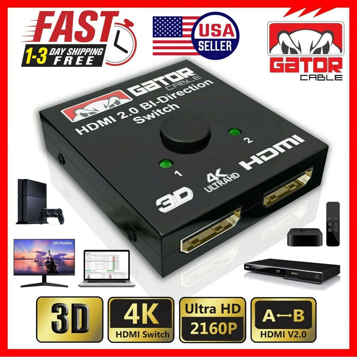 Bi-Direction 4K HDMI 2.0 Cable Switch Switcher Splitter HUB HDCP 2x1 1x2 In Out