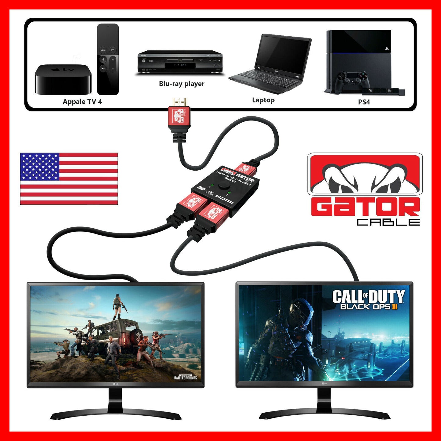 Bi-Direction 4K HDMI 2.0 Cable Switch Switcher Splitter HUB HDCP 2x1 1x2 In Out
