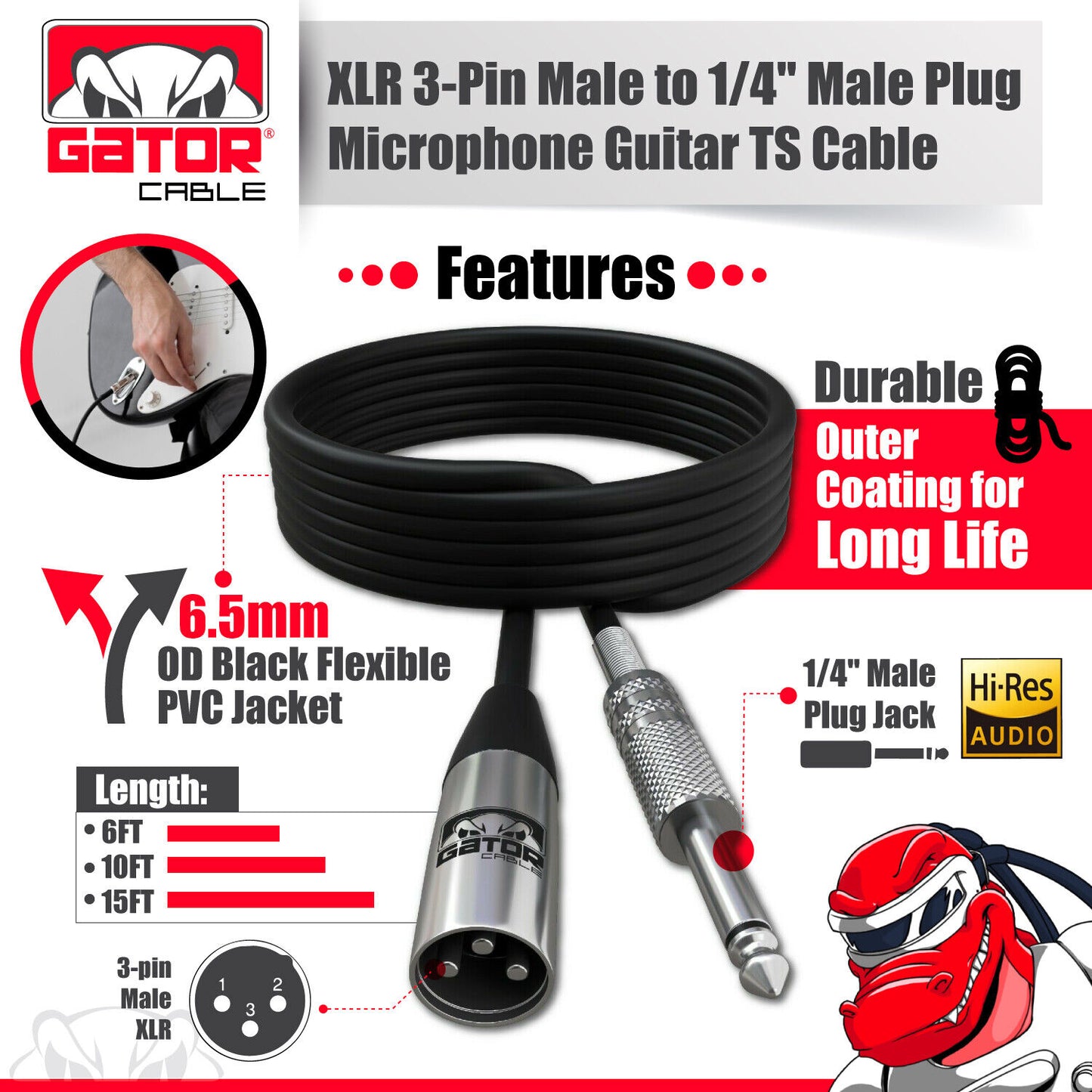XLR 3-Pin Male to 1/4" Plug TS Microphone Mono Cable Unbalanced Shielded Audio