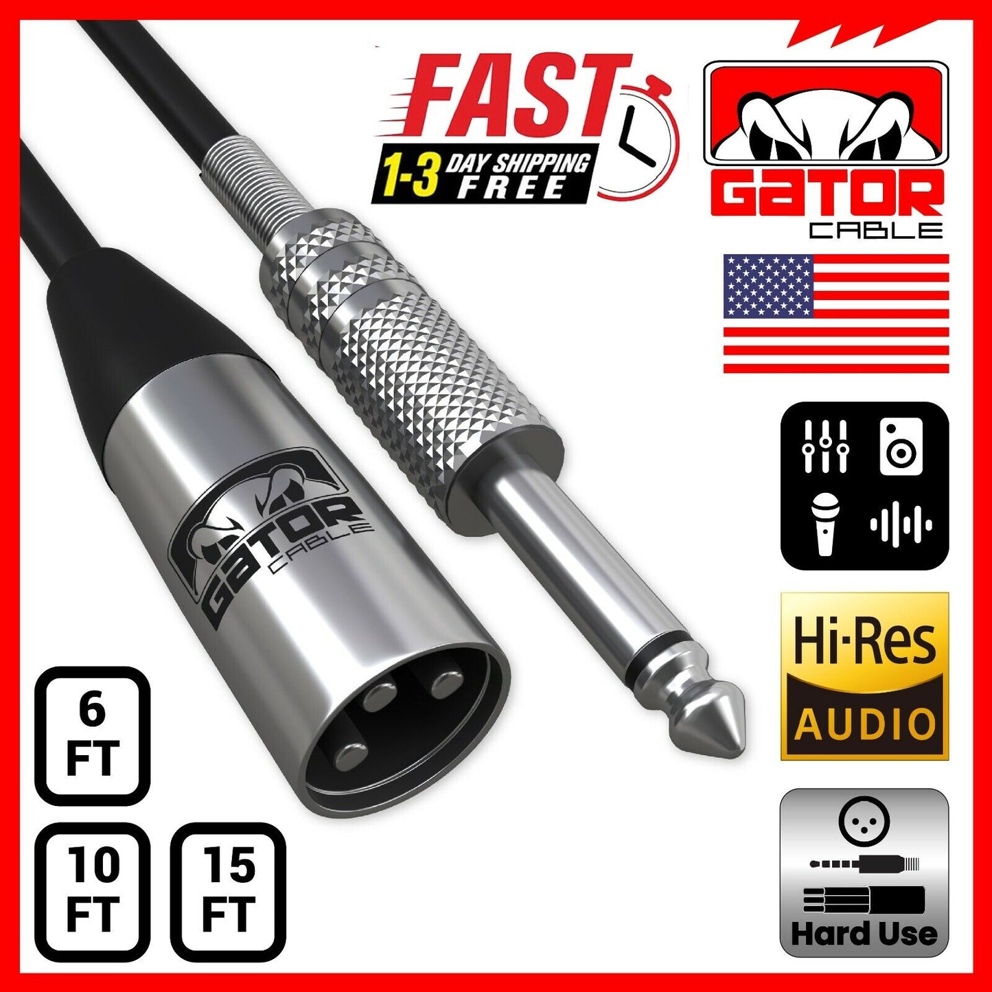 XLR 3-Pin Male to 1/4" Plug TS Microphone Mono Cable Unbalanced Shielded Audio