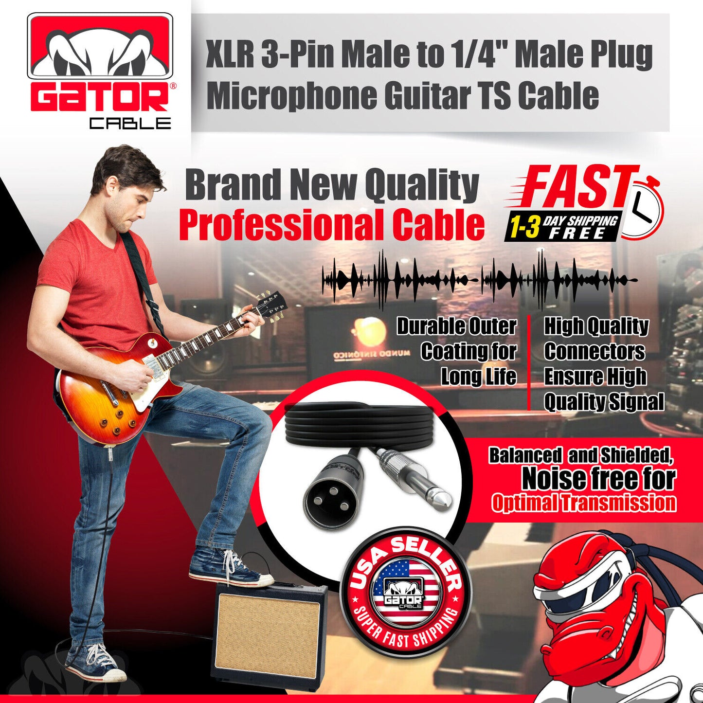 XLR 3-Pin Male to 1/4" Plug TS Microphone Mono Cable Unbalanced Shielded Audio
