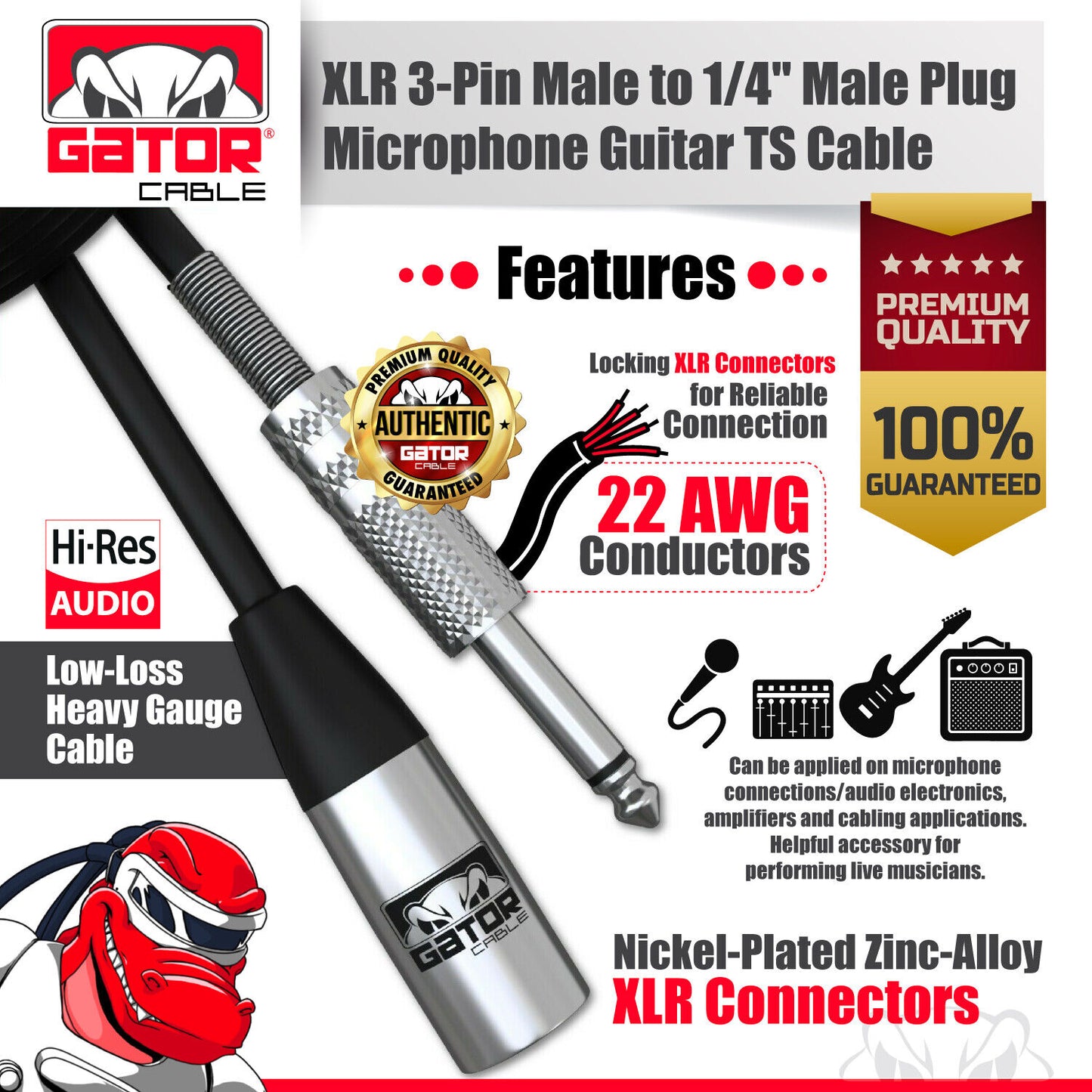 XLR 3-Pin Male to 1/4" Plug TS Microphone Mono Cable Unbalanced Shielded Audio