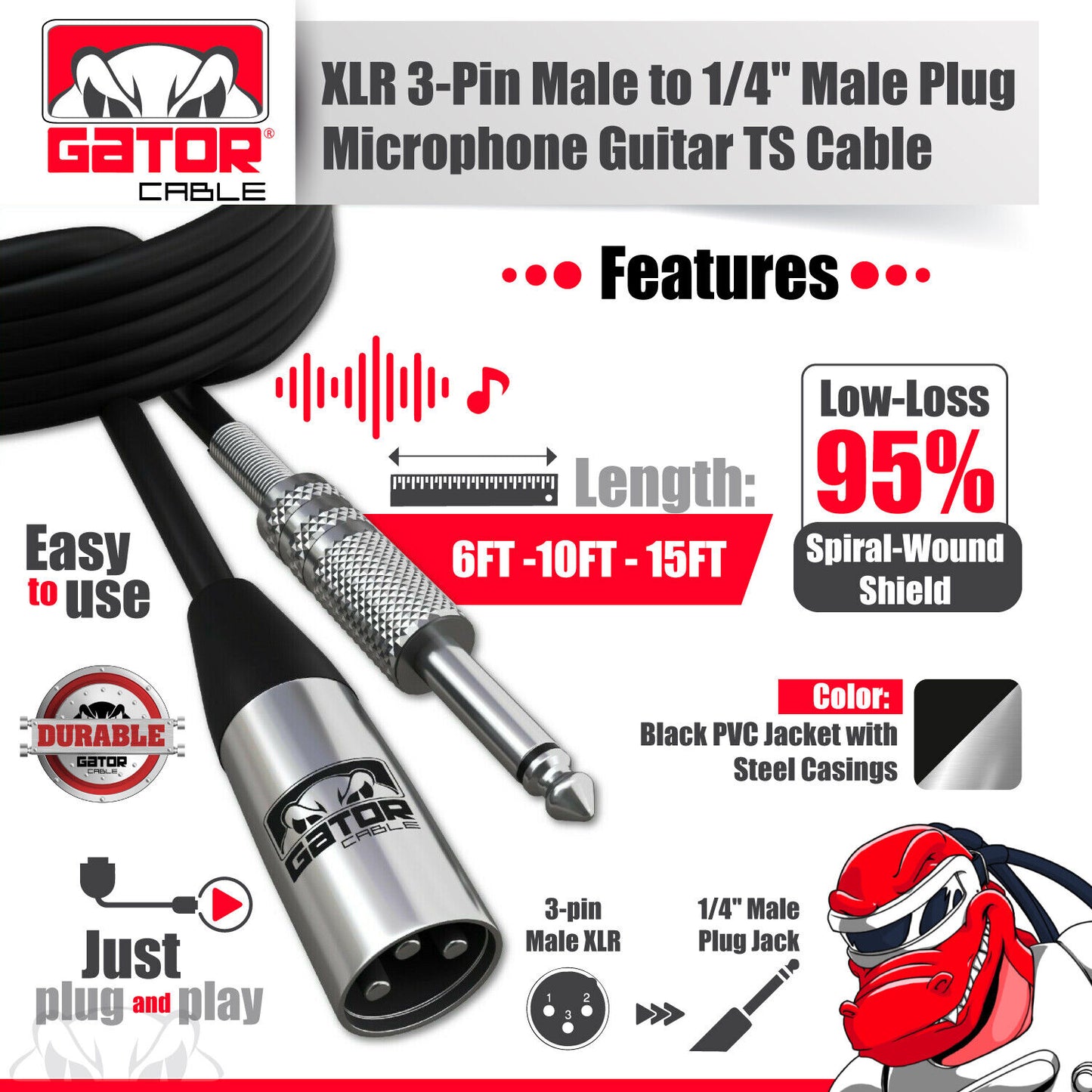 XLR 3-Pin Male to 1/4" Plug TS Microphone Mono Cable Unbalanced Shielded Audio