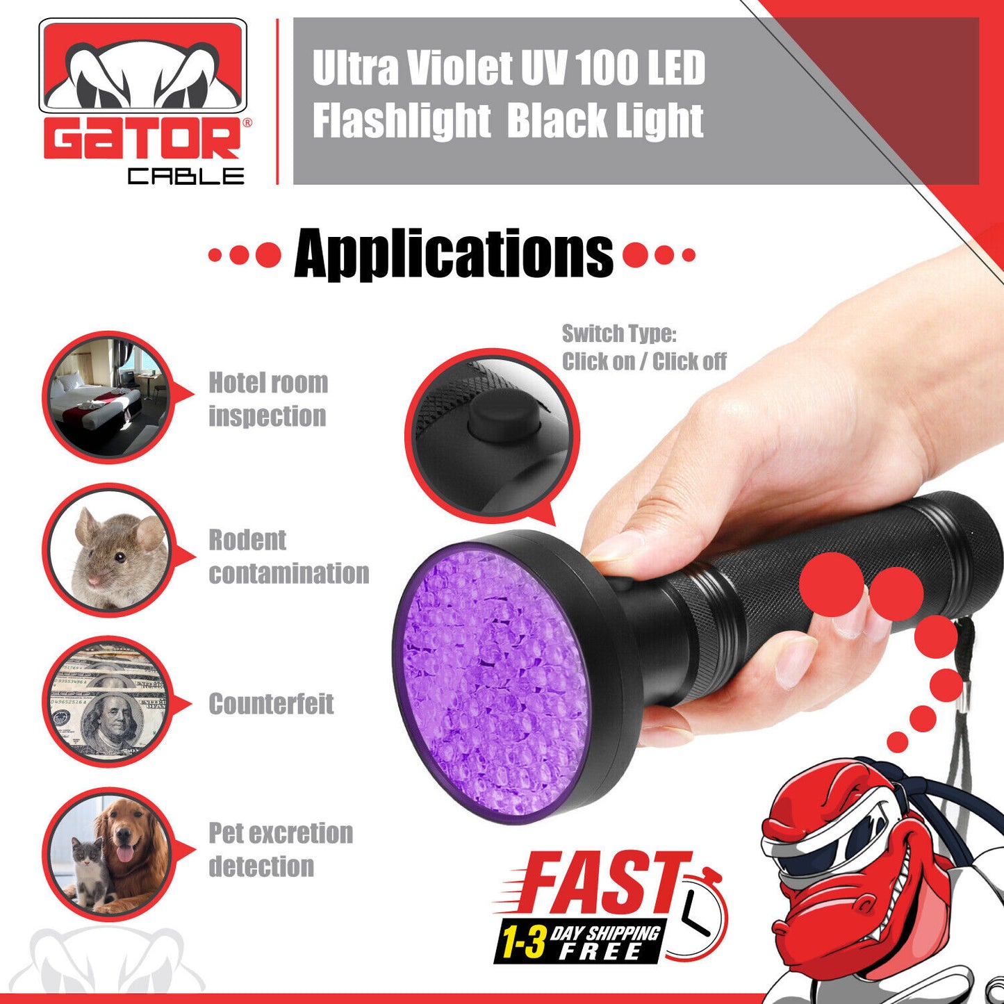 UV Ultraviolet Light 100 LED Flashlight BlackLight 395nM Inspection Lamp Torch