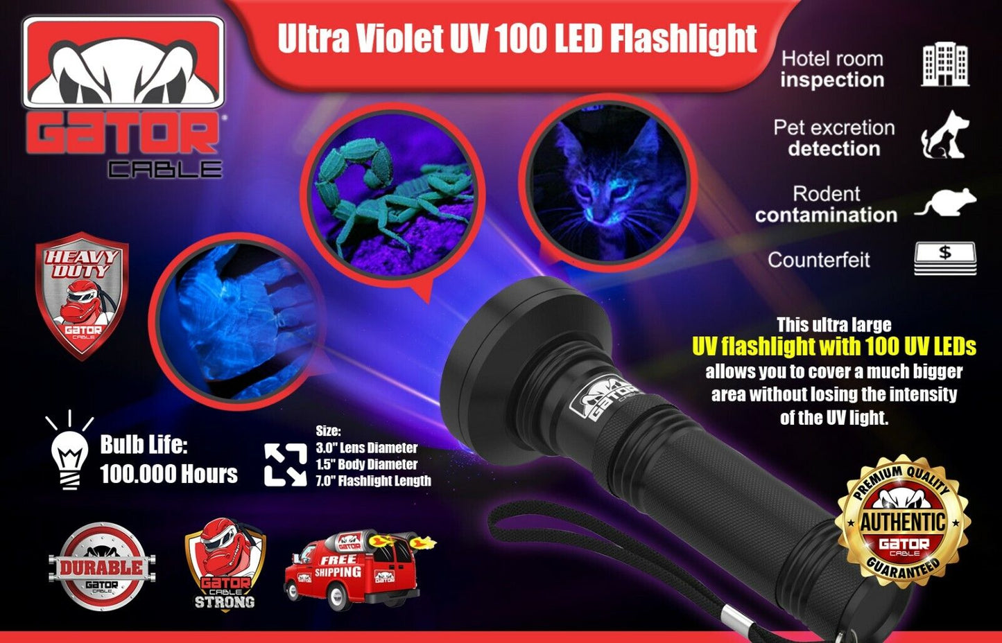 UV Ultraviolet Light 100 LED Flashlight BlackLight 395nM Inspection Lamp Torch