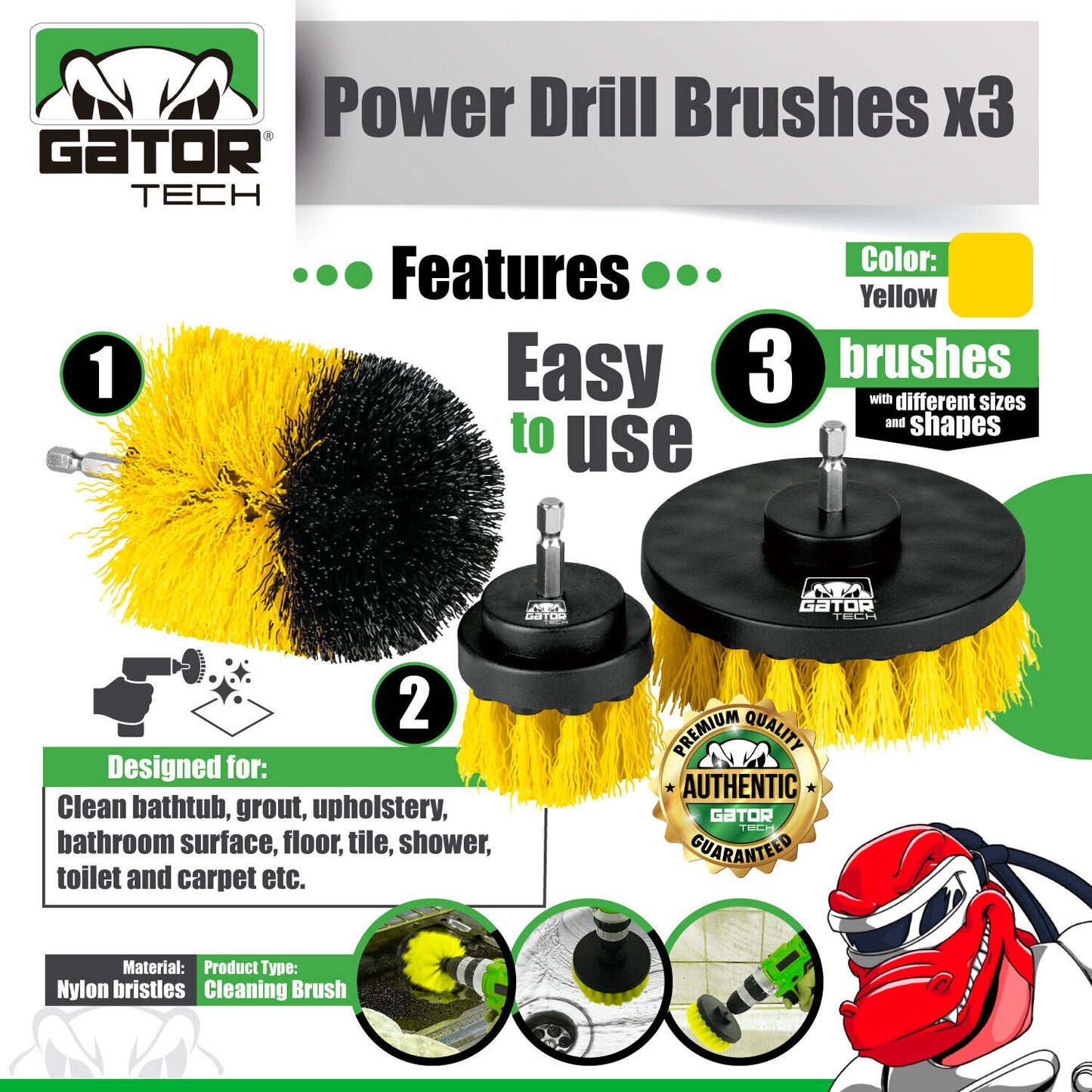 Drill Brushes Attachment Set 3-Pack Power Cleaner Cleaning Scrubber Tub Shower