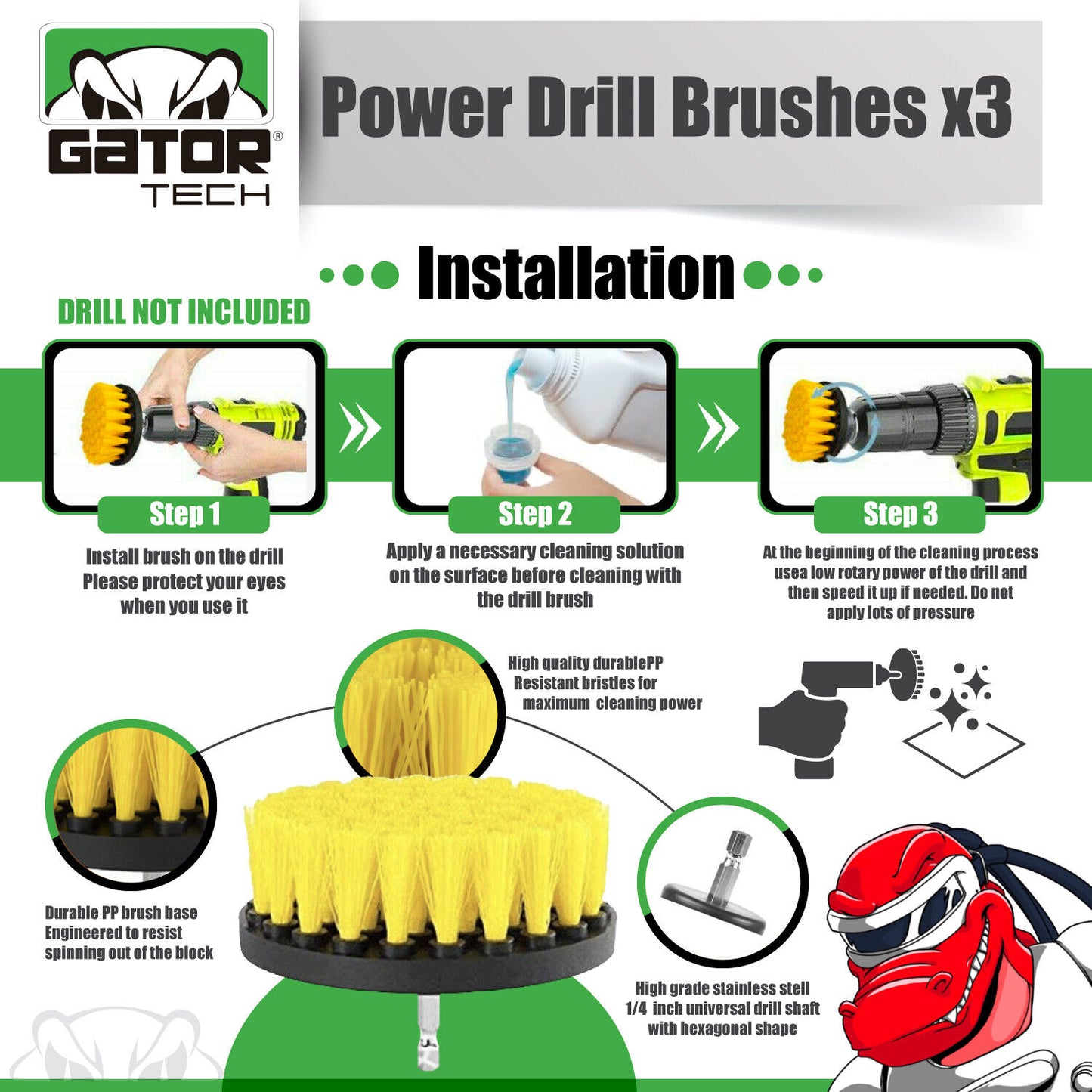 Drill Brushes Attachment Set 3-Pack Power Cleaner Cleaning Scrubber Tub Shower