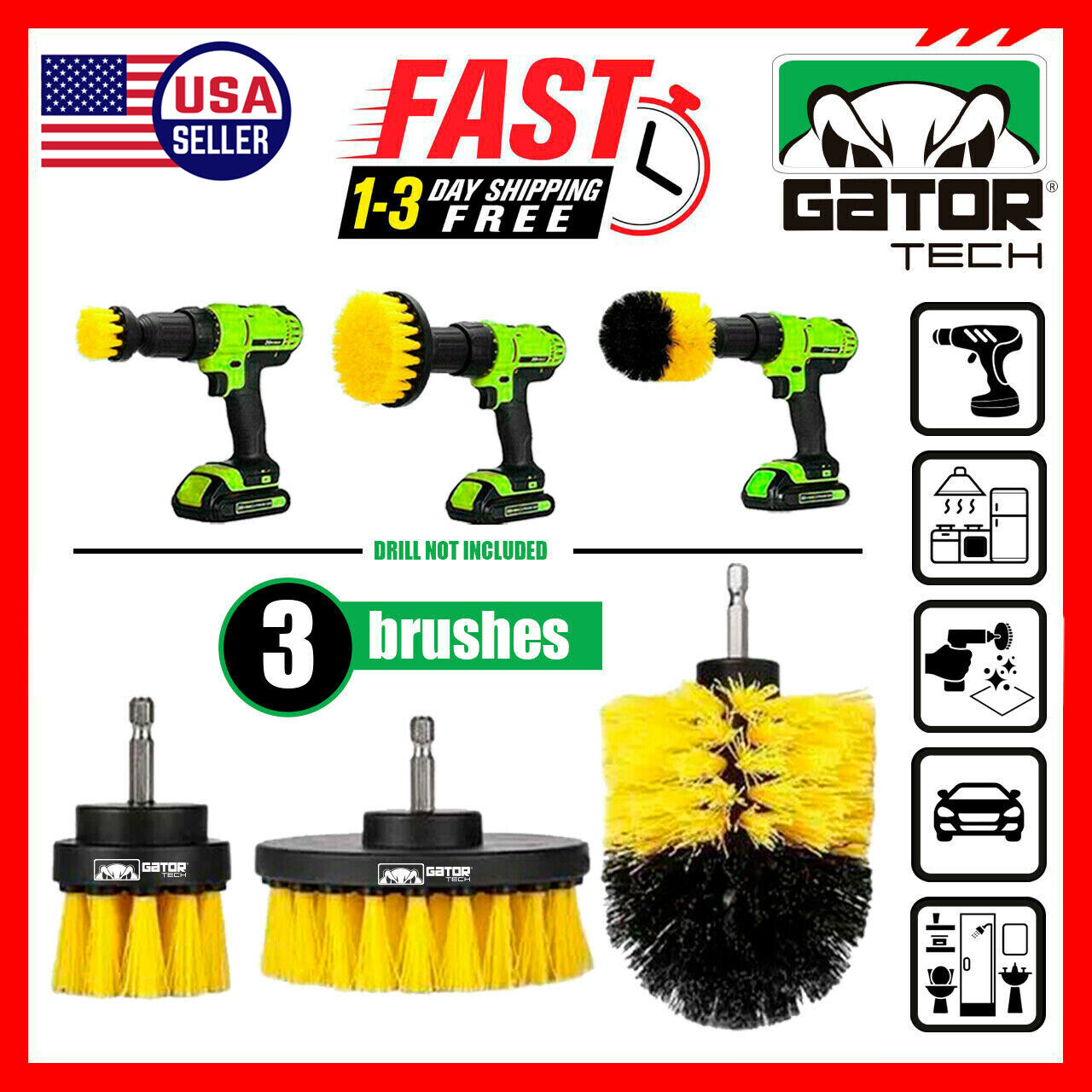 Drill Brushes Attachment Set 3-Pack Power Cleaner Cleaning Scrubber Tub Shower