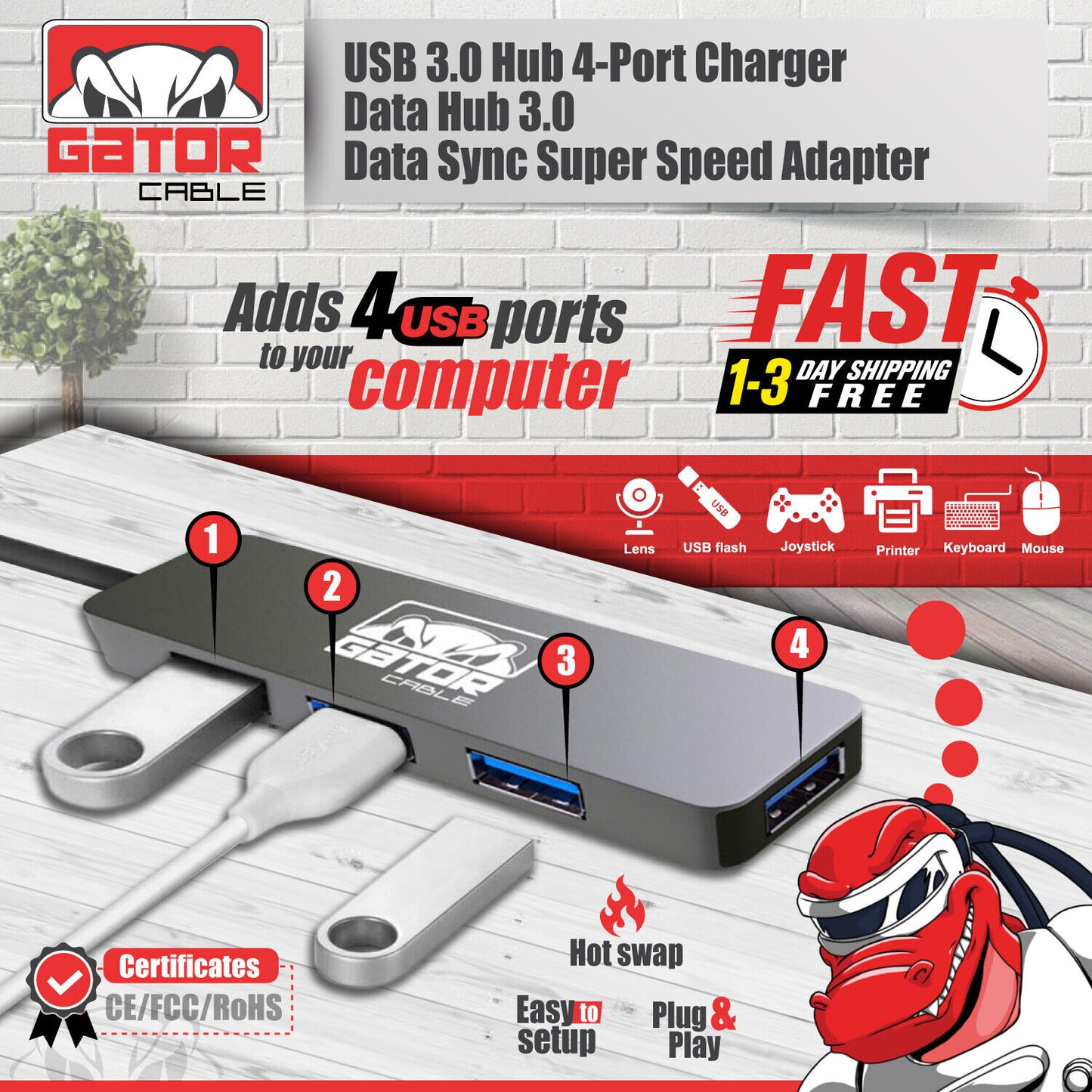 USB 3.0 Hub 4 Port Adapter Charger Data Sync Super Speed PC Mac Laptop Desktop
