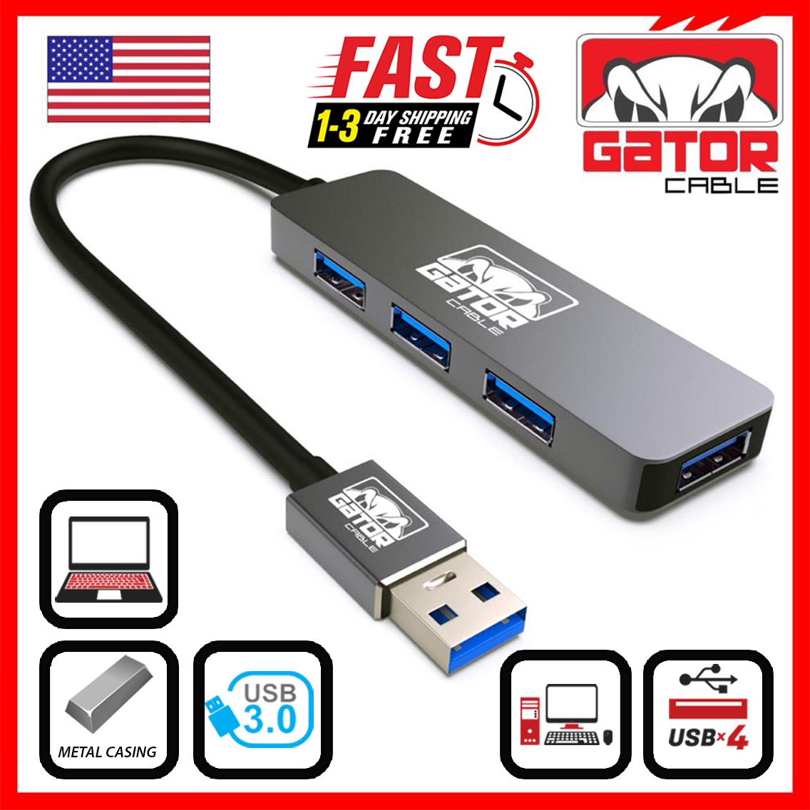 USB 3.0 Hub 4 Port Adapter Charger Data Sync Super Speed PC Mac Laptop Desktop
