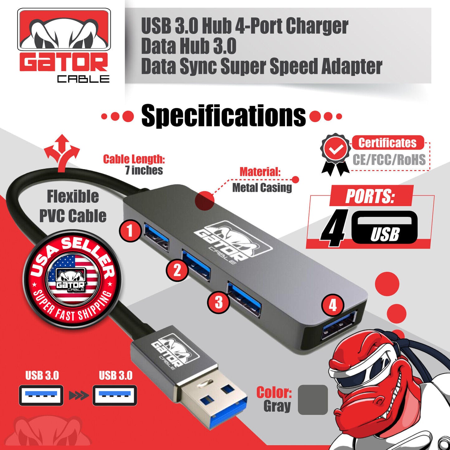 USB 3.0 Hub 4 Port Adapter Charger Data Sync Super Speed PC Mac Laptop Desktop