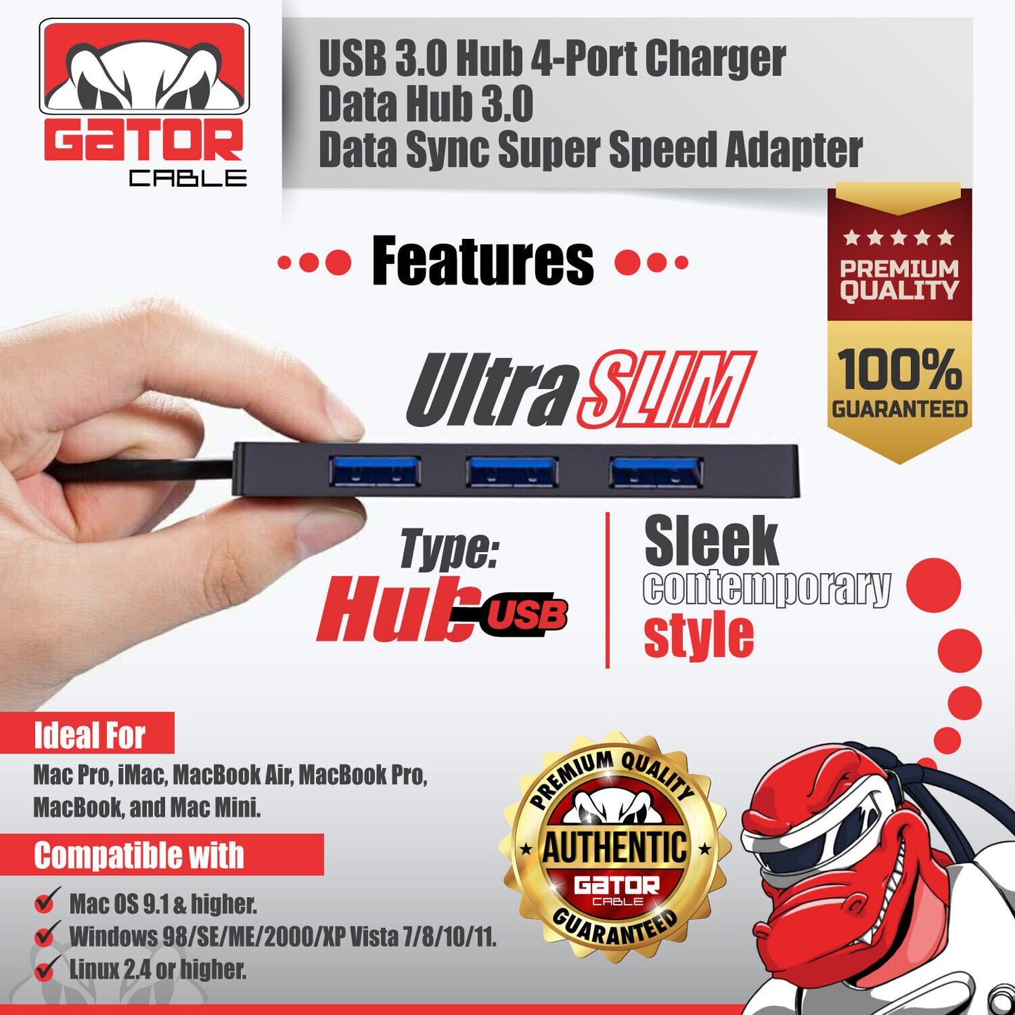 USB 3.0 Hub 4 Port Adapter Charger Data Sync Super Speed PC Mac Laptop Desktop
