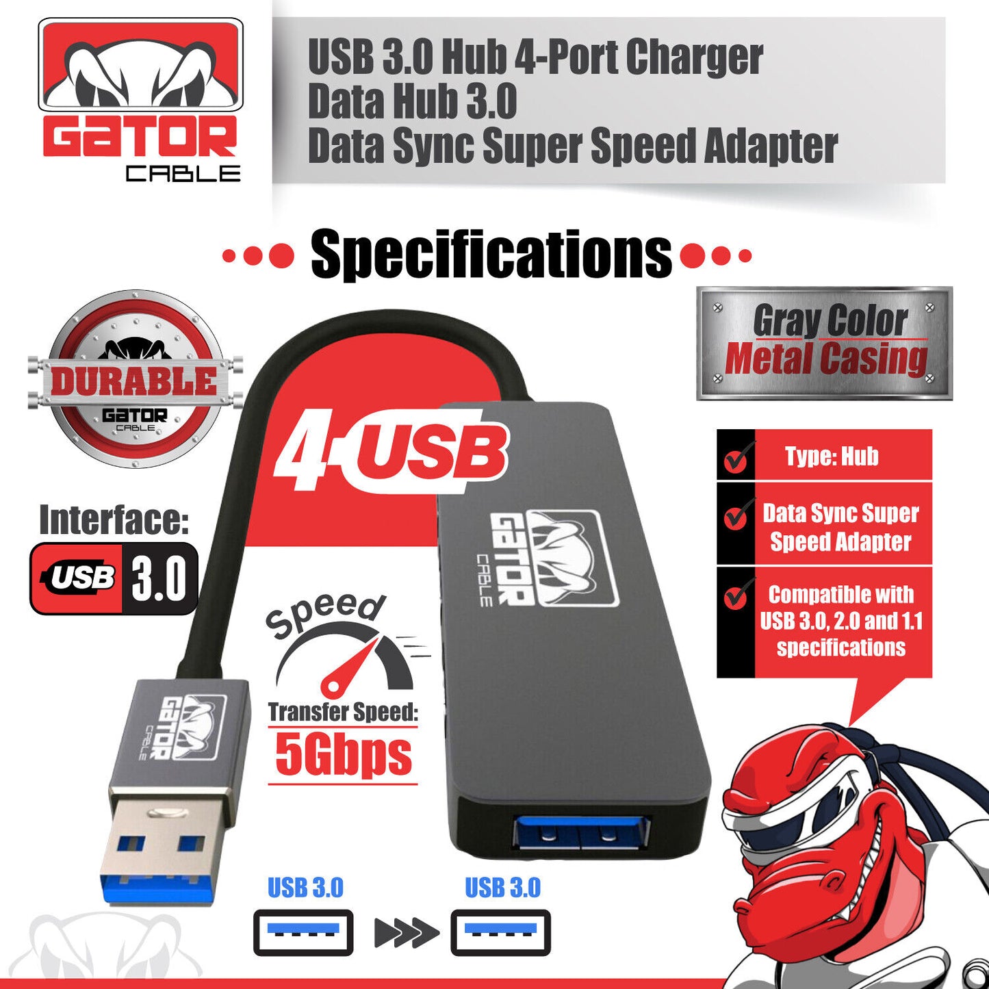 USB 3.0 Hub 4 Port Adapter Charger Data Sync Super Speed PC Mac Laptop Desktop