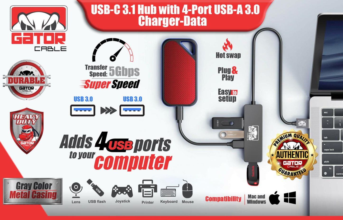 USB 3.0 Hub 4 Port Adapter Charger Data Sync Super Speed PC Mac Laptop Desktop