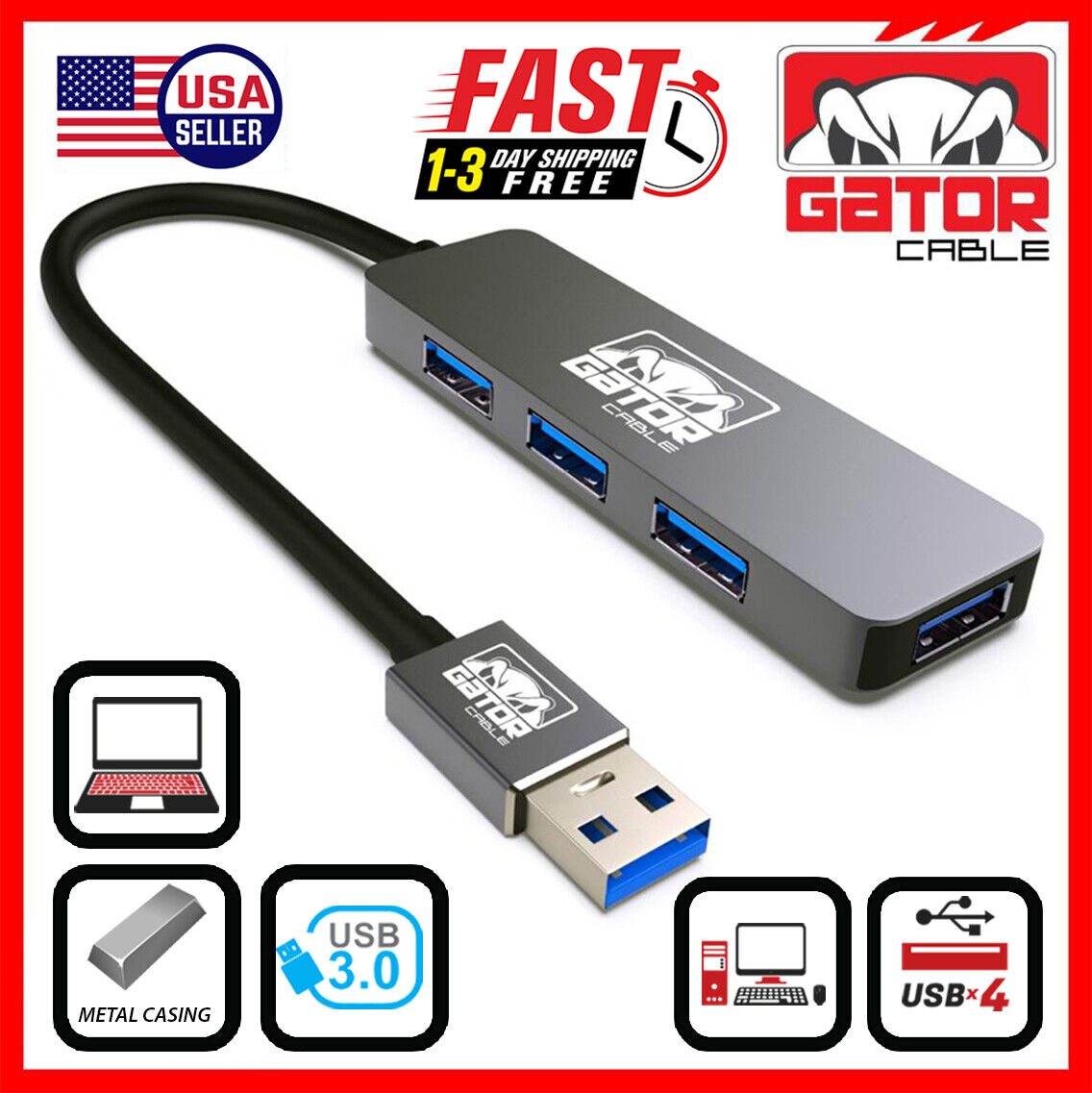 USB 3.0 Hub 4 Port Adapter Charger Data Sync Super Speed PC Mac Laptop Desktop