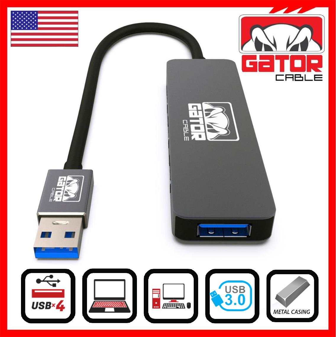 USB 3.0 Hub 4 Port Adapter Charger Data Sync Super Speed PC Mac Laptop Desktop